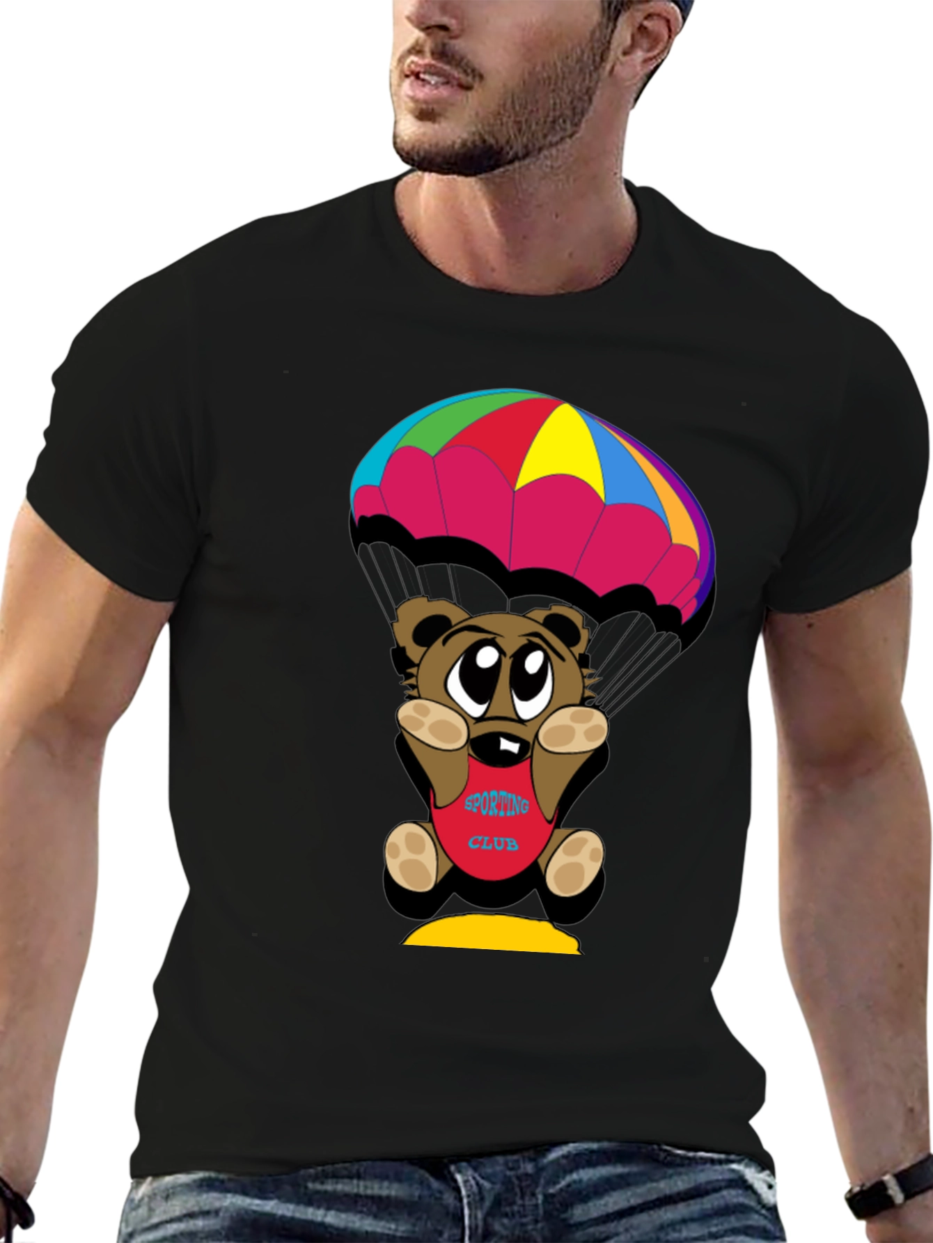 Black Cartoon Bear Parachute Black T-Shirt view 6