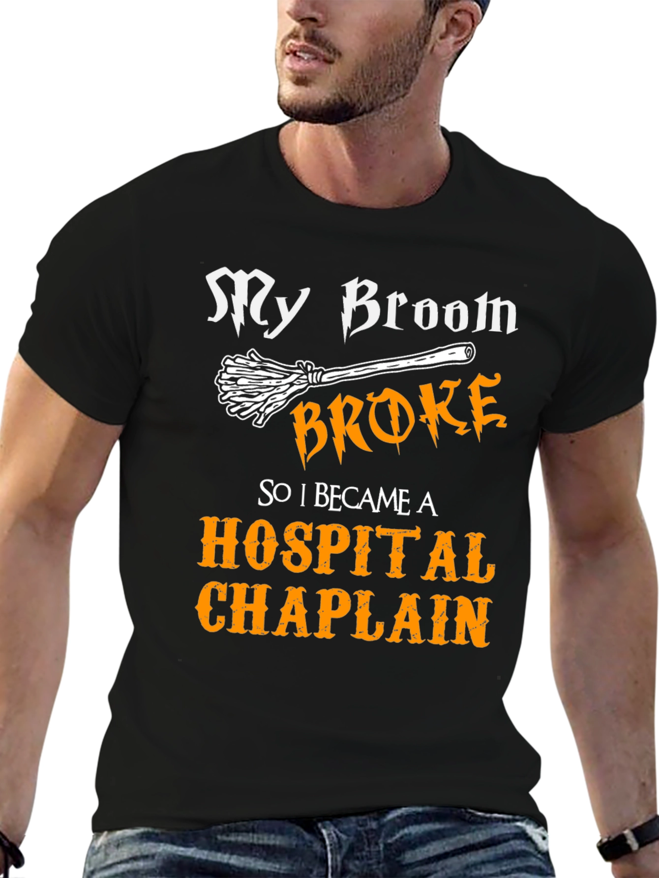Black My Broom Broke Hospital Chaplain Graphic Tee view 6