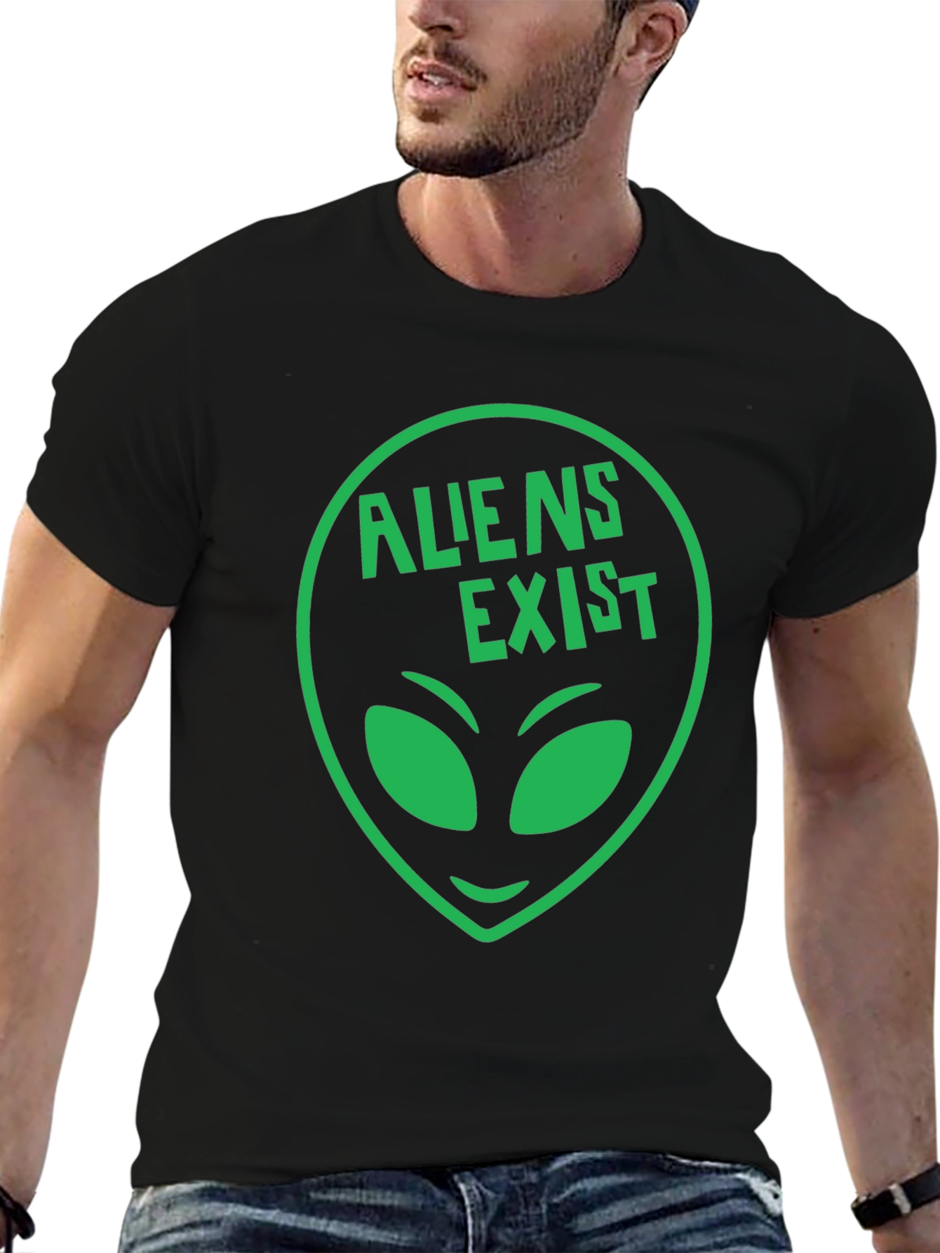 Black Aliens Exist T-Shirt - Green Alien Head Graphic view 6