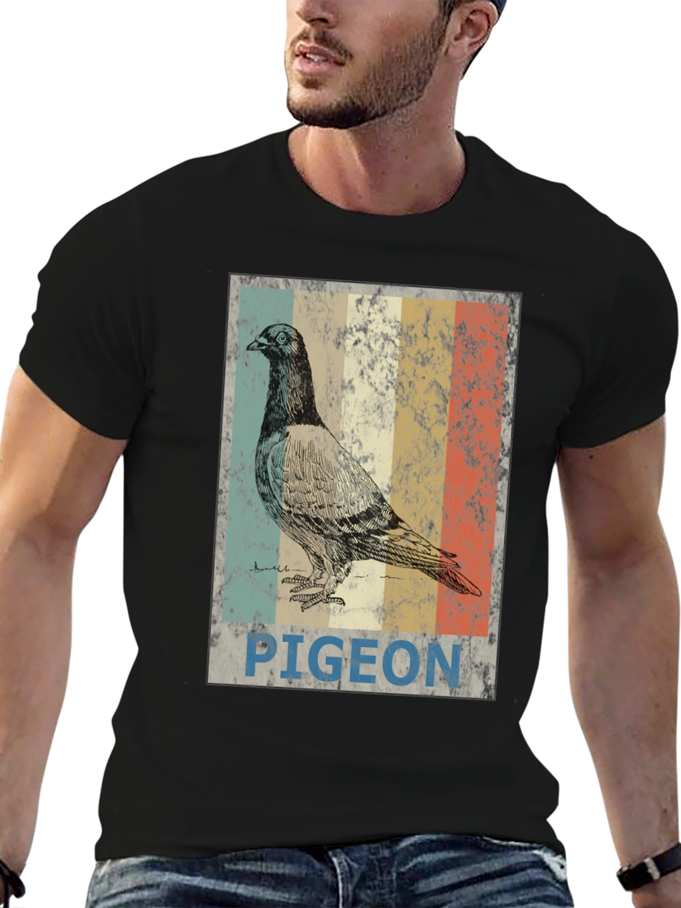 Black Vintage Pigeon Graphic T-Shirt - Cool Bird Design view 6
