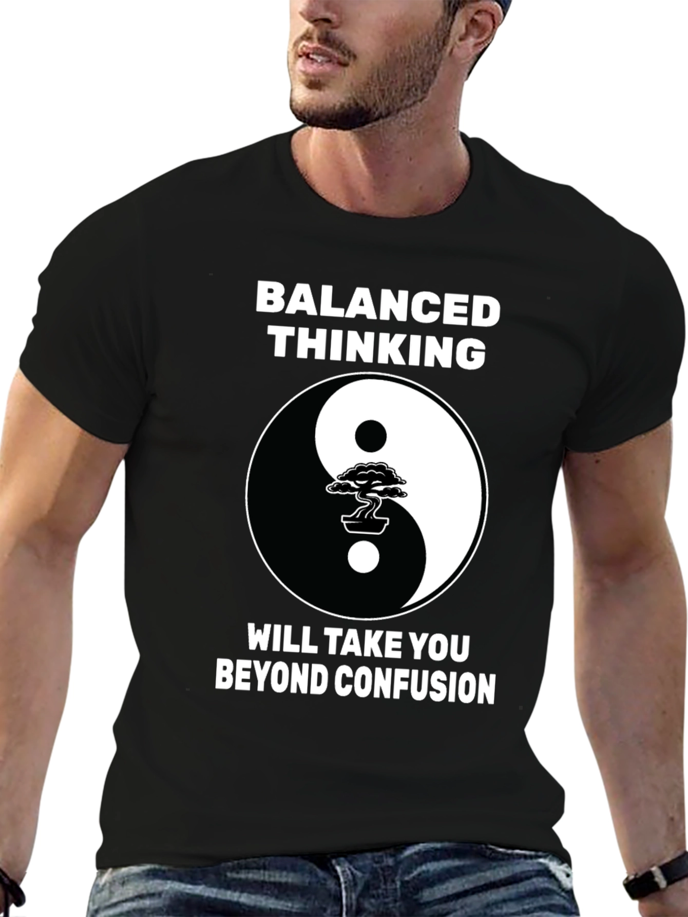 Black Balanced Thinking Yin Yang Bonsai Tree Graphic T-Shirt view 6