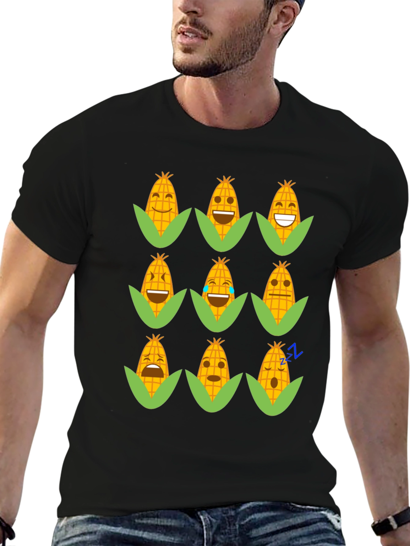 Black Emoji Corn Black T-Shirt - Fun Foodie Tee view 6