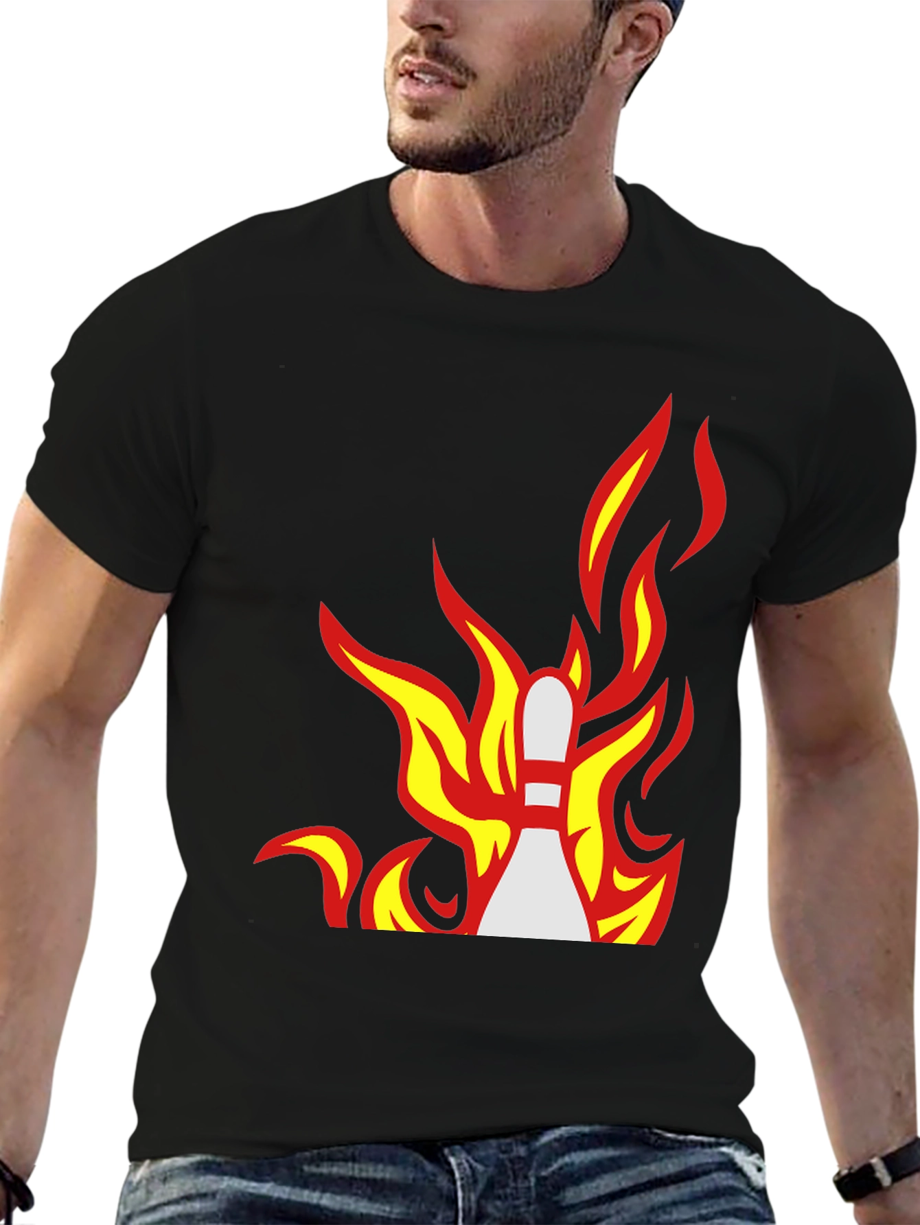 Black Flaming Bowling Pin Graphic Tee - Strike a Style! view 6