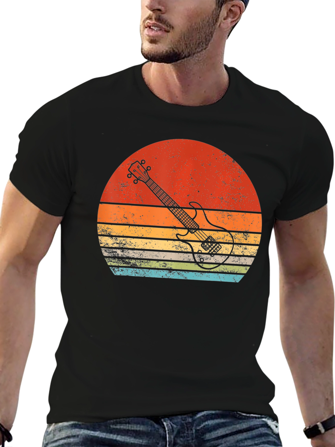 Black Retro Guitar Sunset Graphic Tee view 6