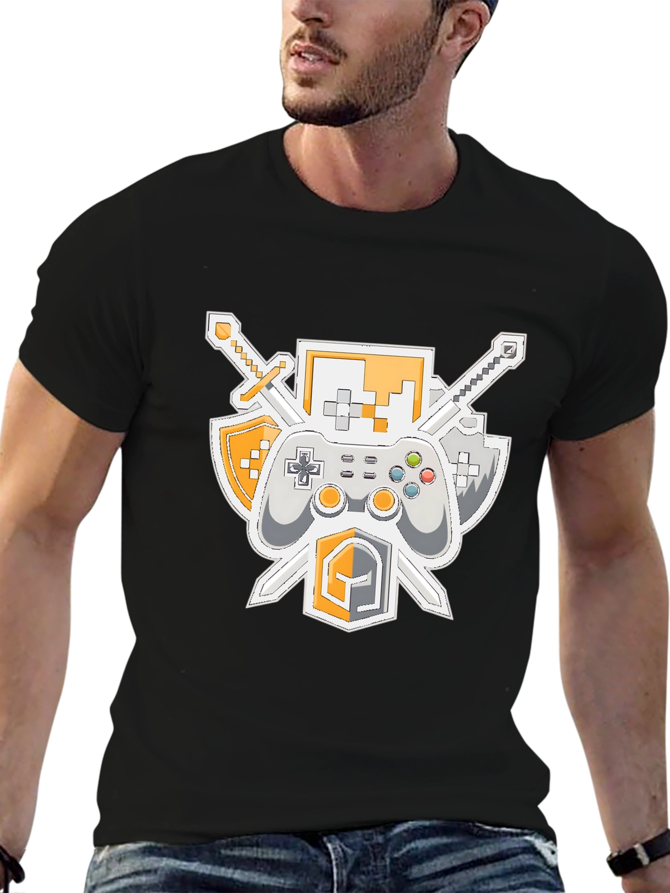 Black Gamer's Crest T-Shirt - Swords, Controller, & Shield Design view 6