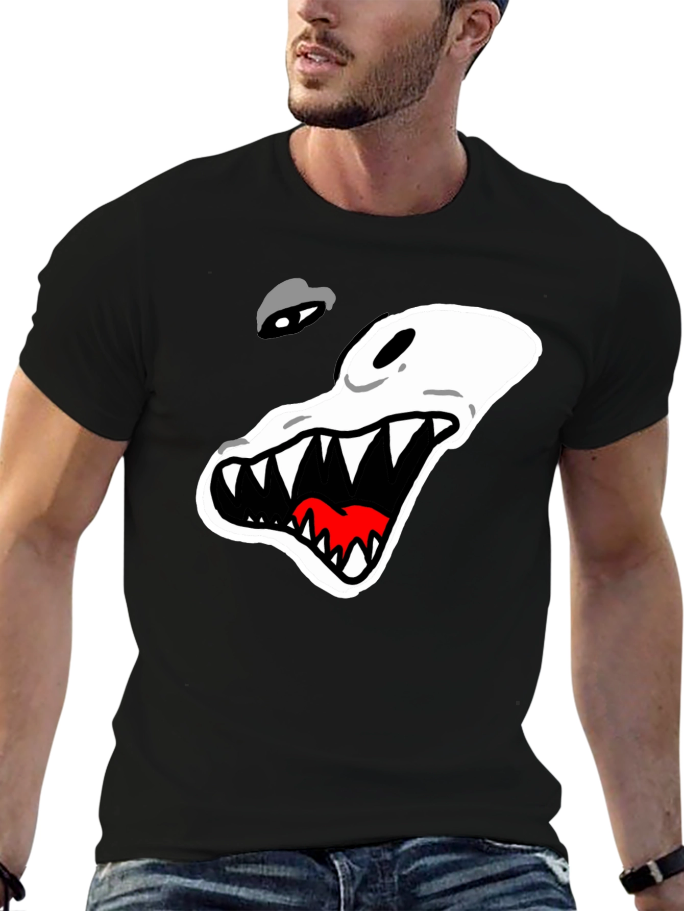 Black Men's Black T-Shirt with Cartoon Alligator Graphic view 6