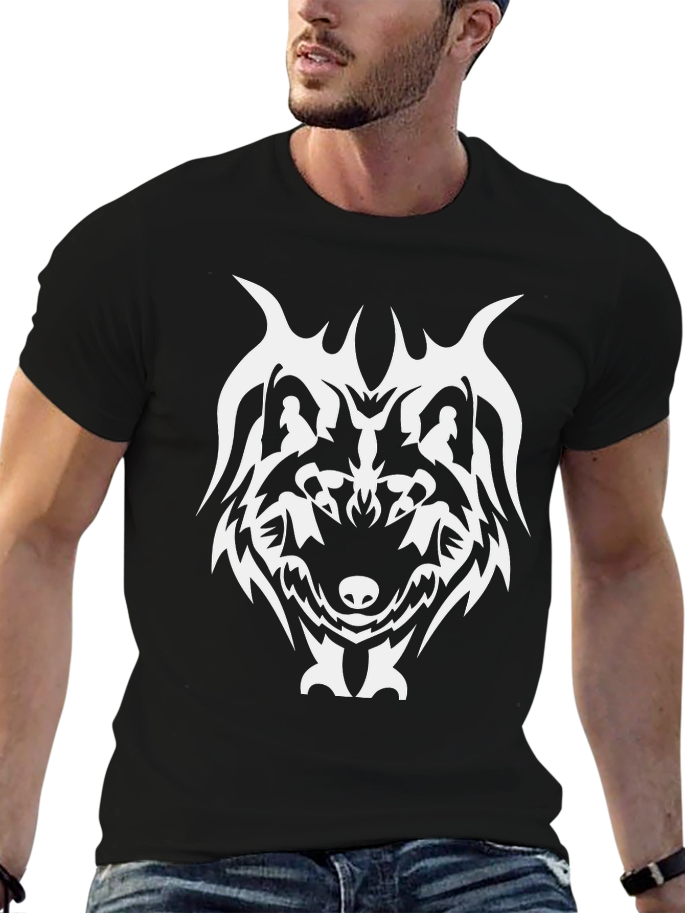 Black Tribal Wolf Graphic Tee - Black Cotton Blend view 6
