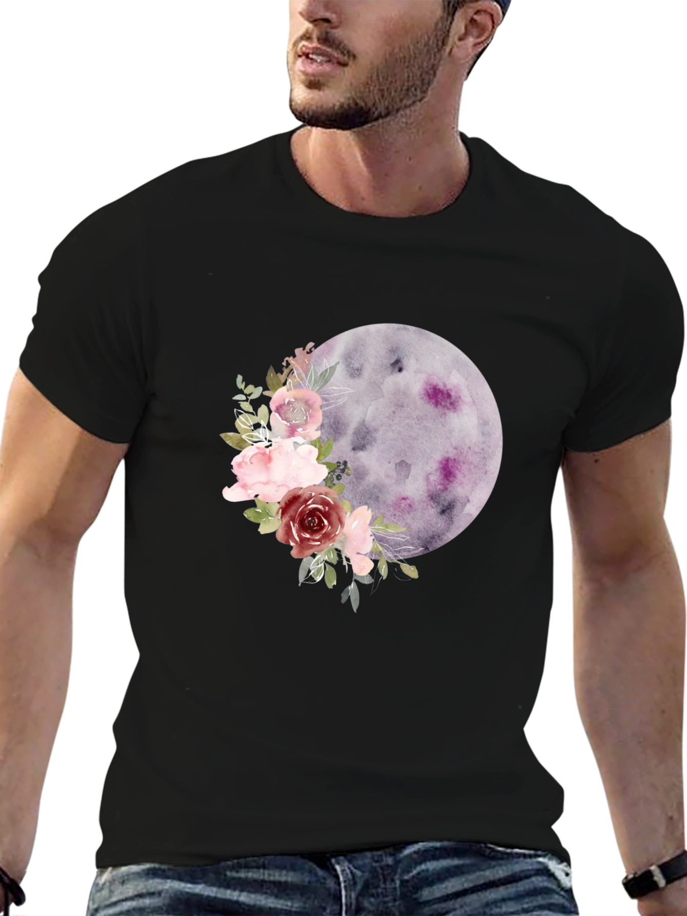 Black Floral Moon Graphic Tee - Black Casual T-Shirt view 6