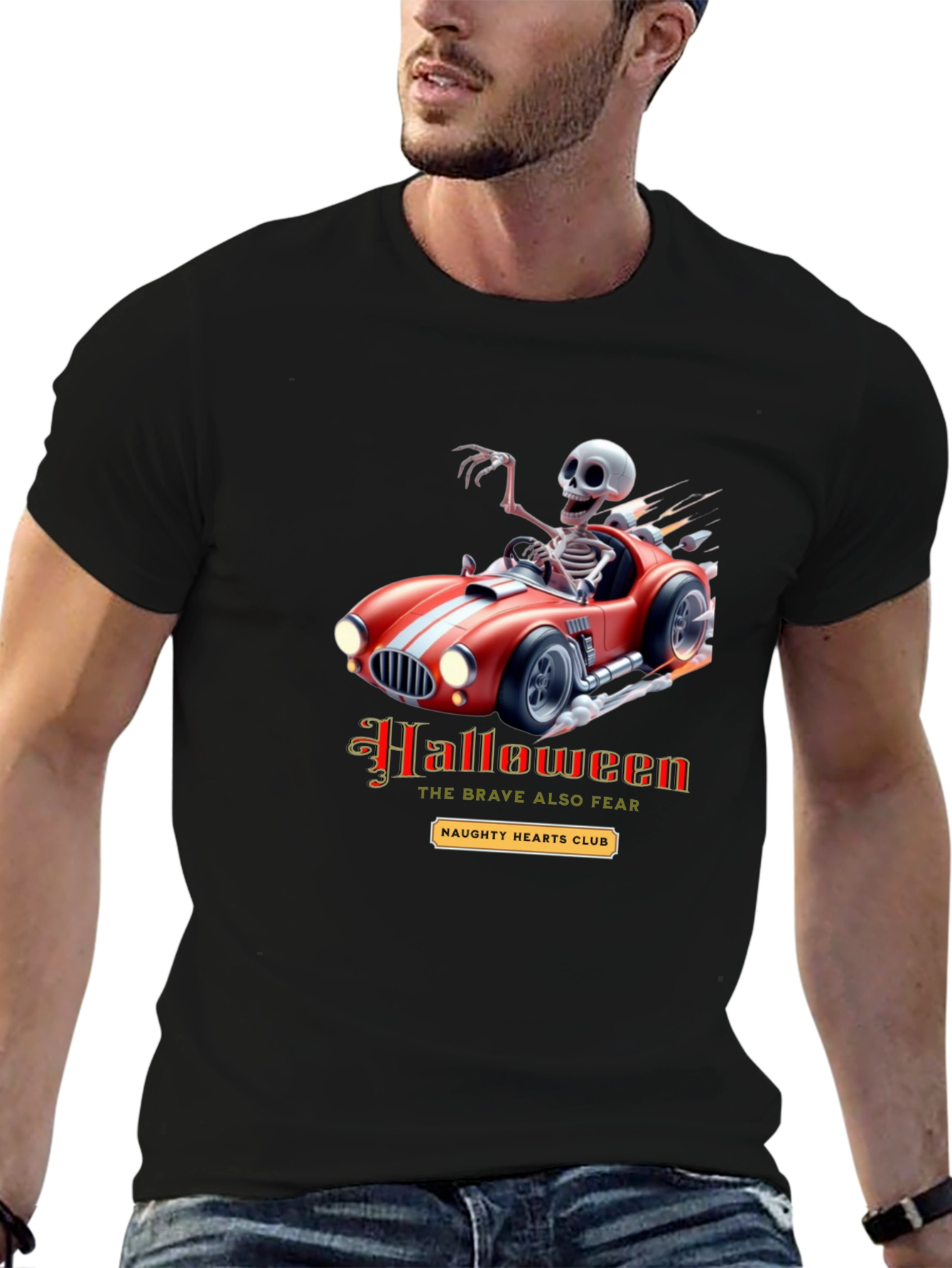Black Skeleton Race Car Halloween T-Shirt view 6