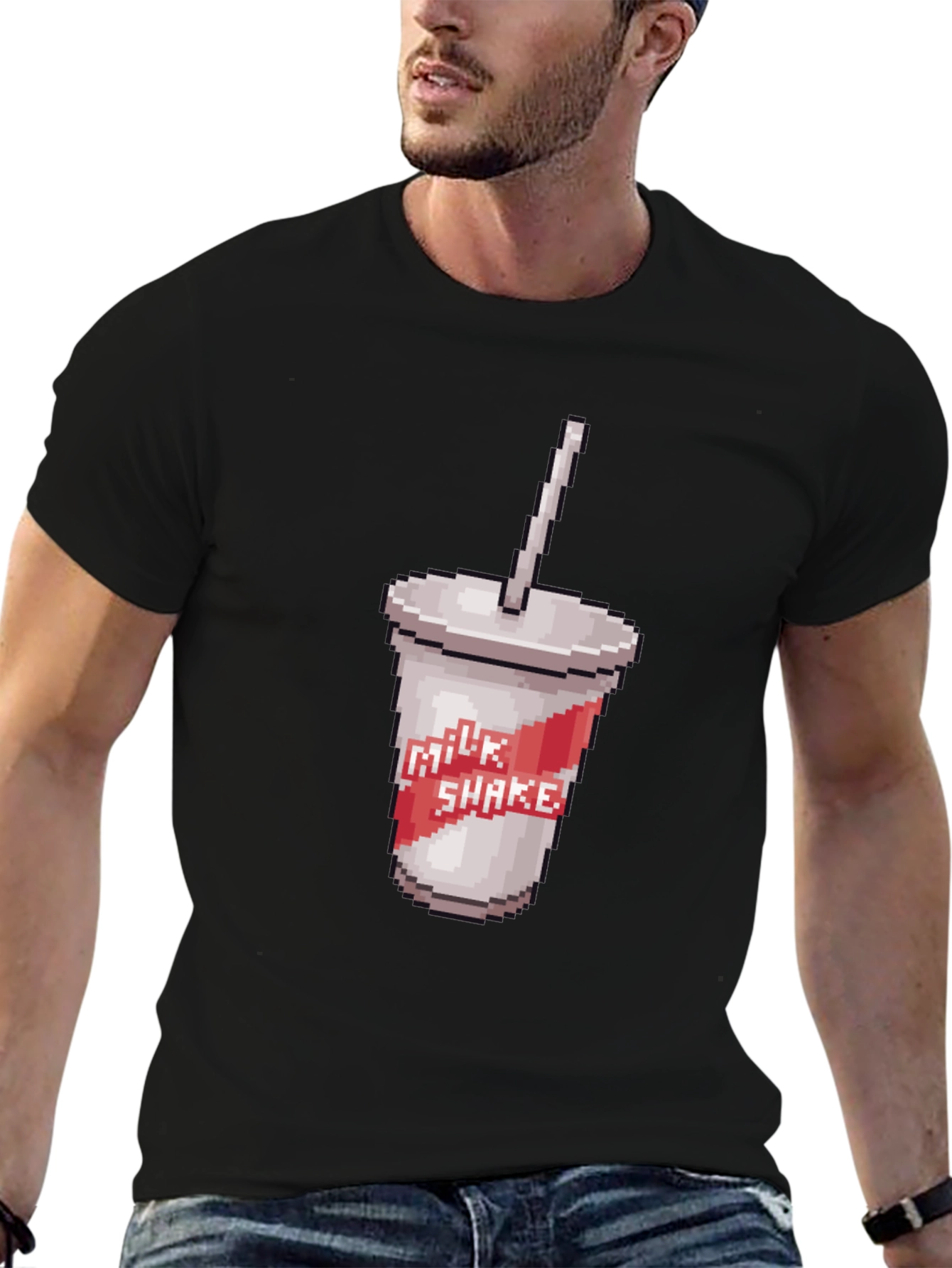 Black Retro Pixel Milkshake T-Shirt - Classic Black Tee view 6