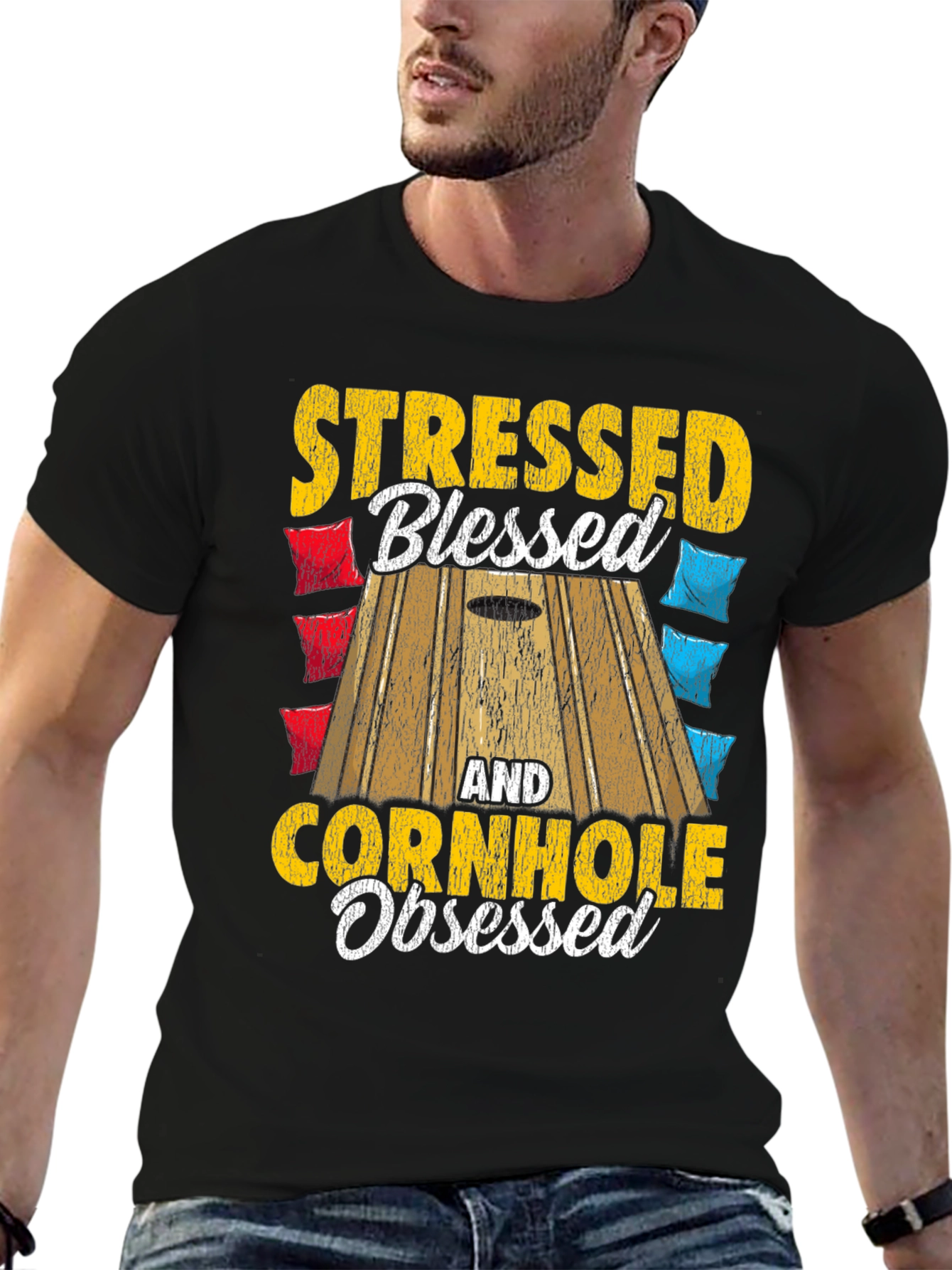 Black Stressed Blessed Cornhole Obsessed Graphic Tee view 6