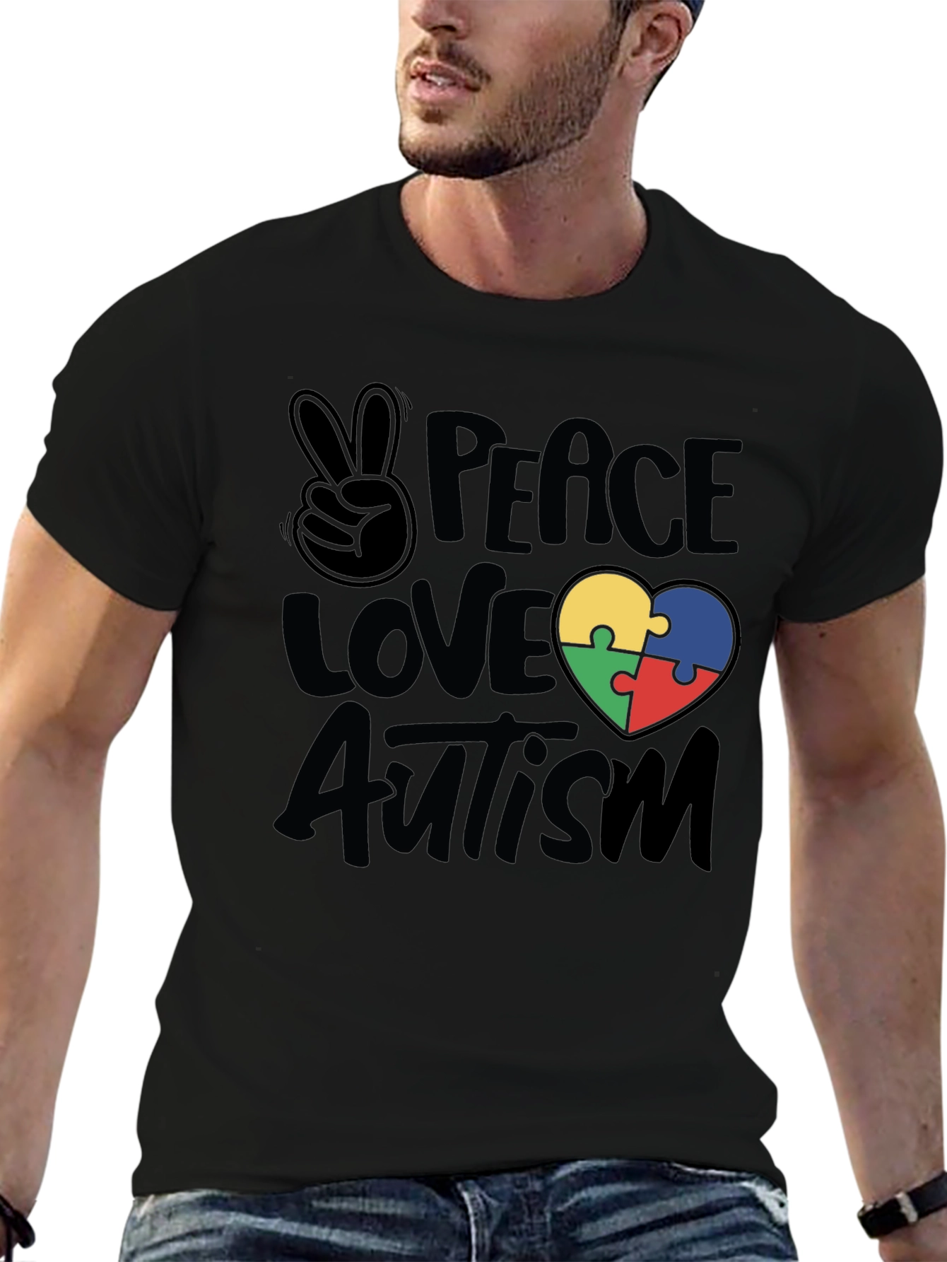 Black Peace Love Autism Puzzle Heart T-Shirt view 6