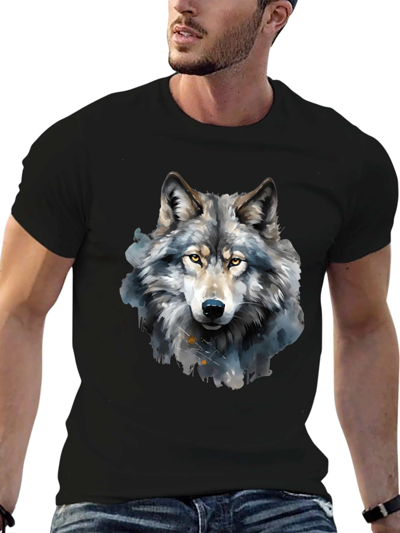 Black Watercolor Wolf Graphic Tee - Men's Black T-Shirt view 6