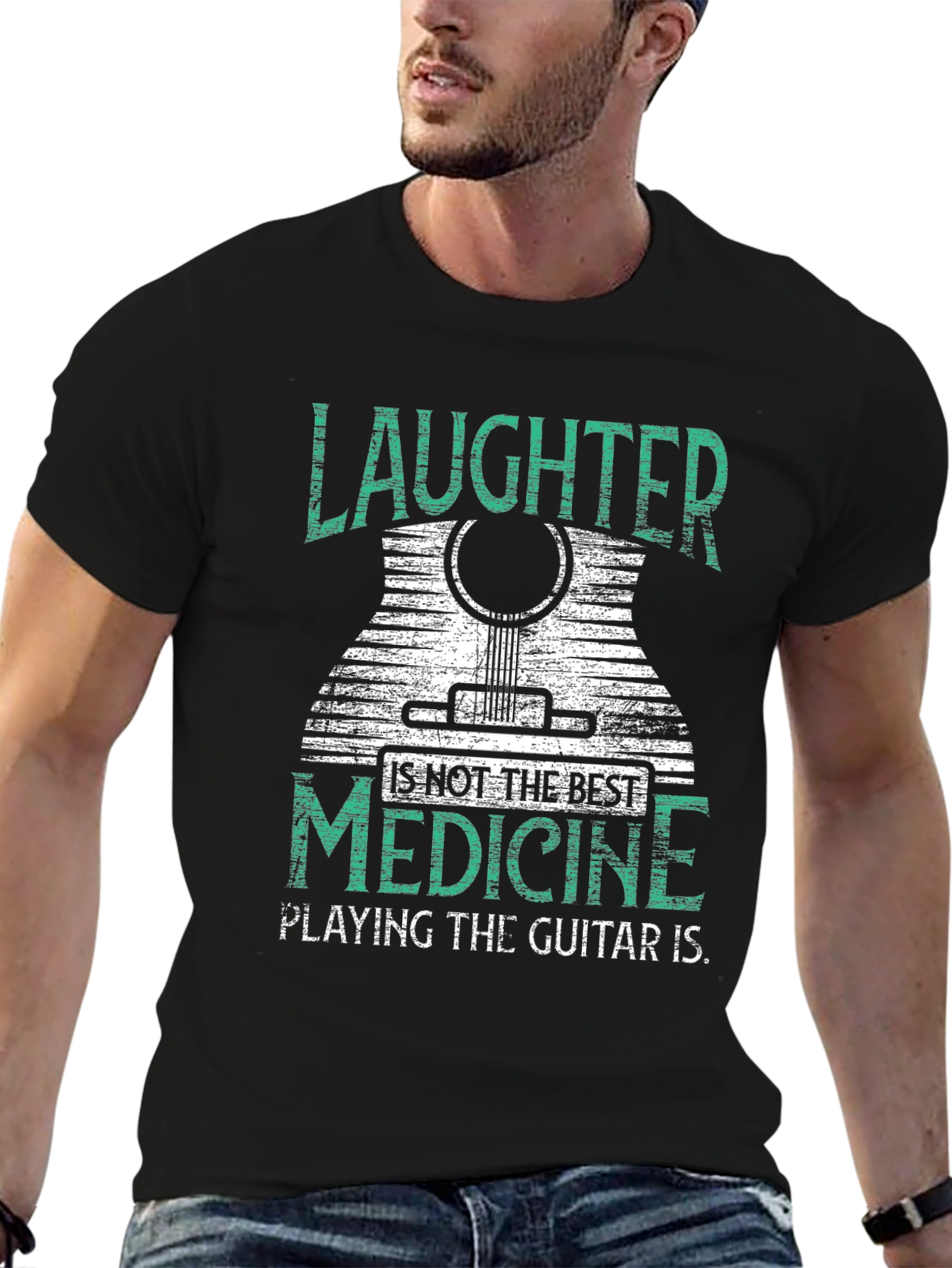 Black Laughter is Medicine Guitar Player T-Shirt view 6