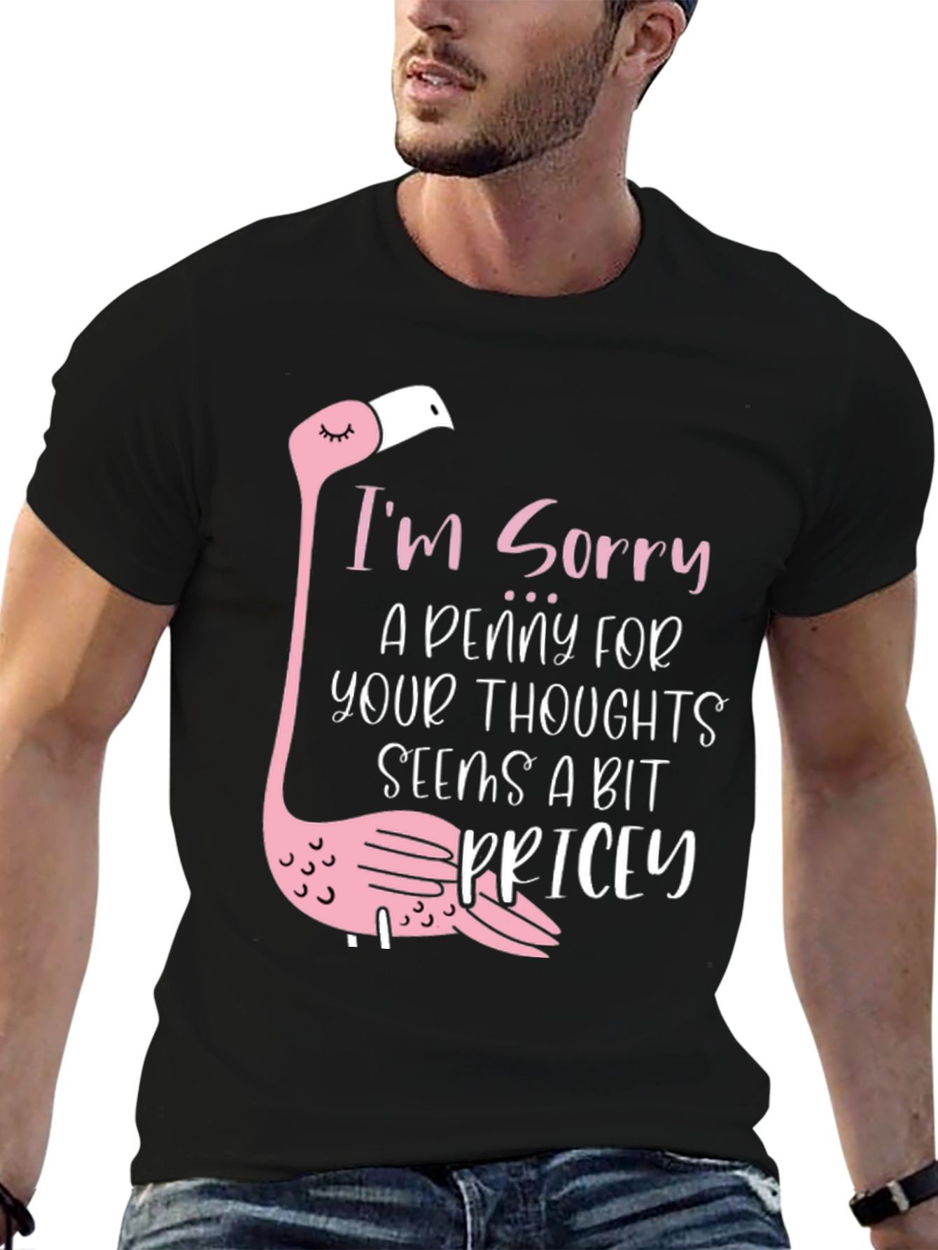 Black Funny Flamingo 'A Penny For Your Thoughts' Black T-Shirt view 6