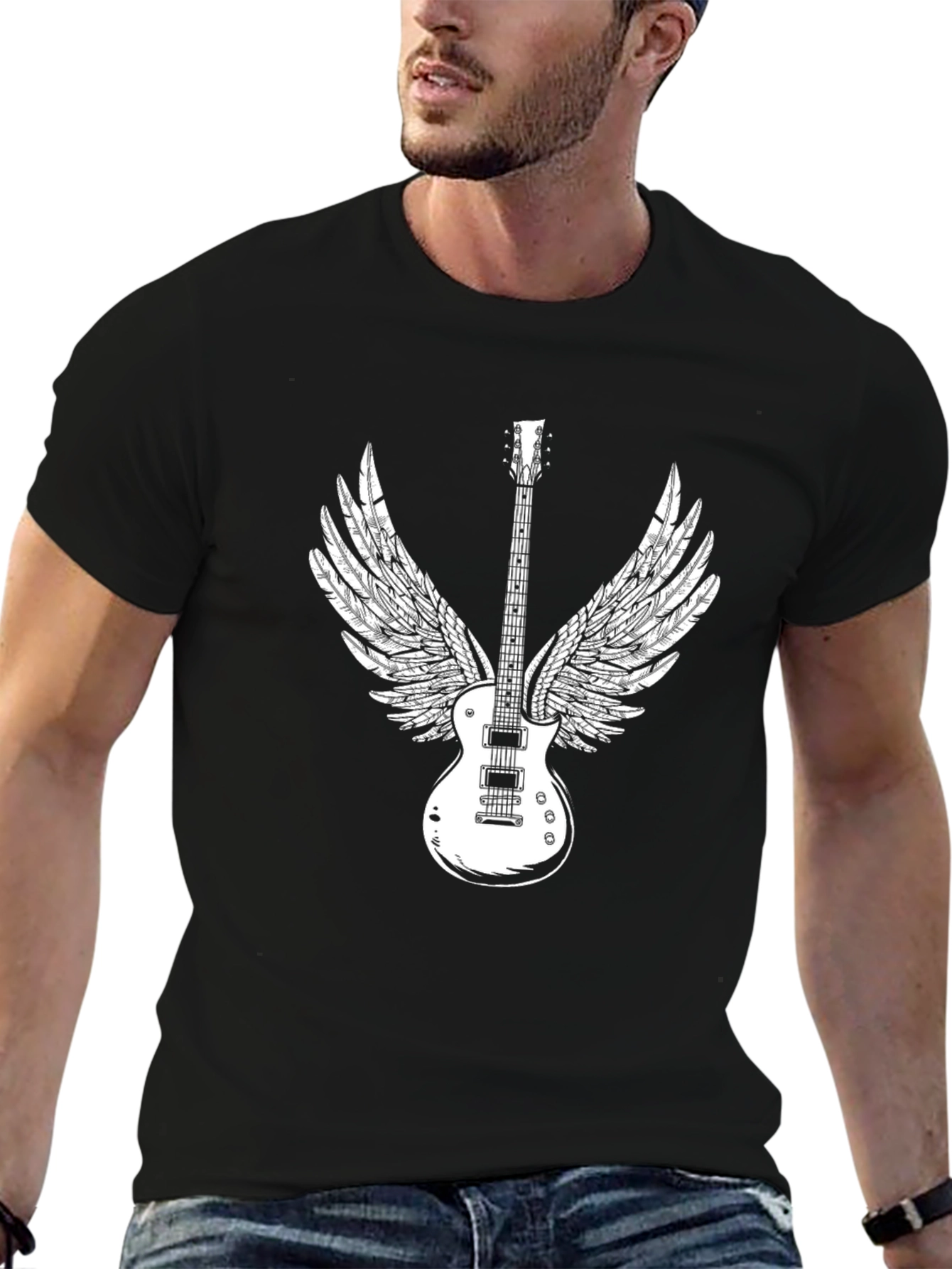 Black Winged Guitar Graphic Tee - Black Cotton Casual T-Shirt view 6