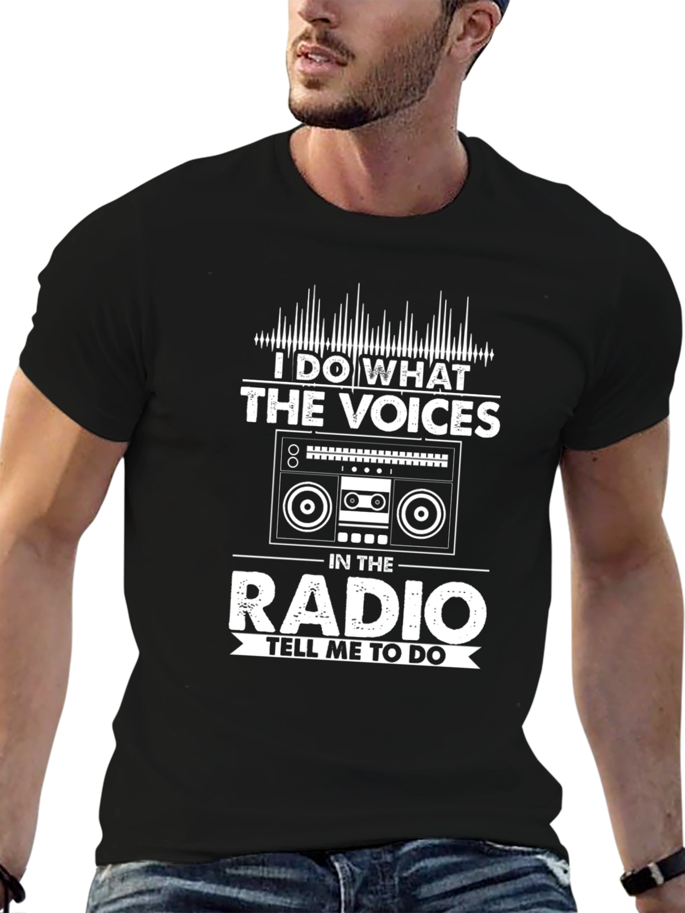 Black I Do What The Voices Radio Funny Men's T-shirt view 6