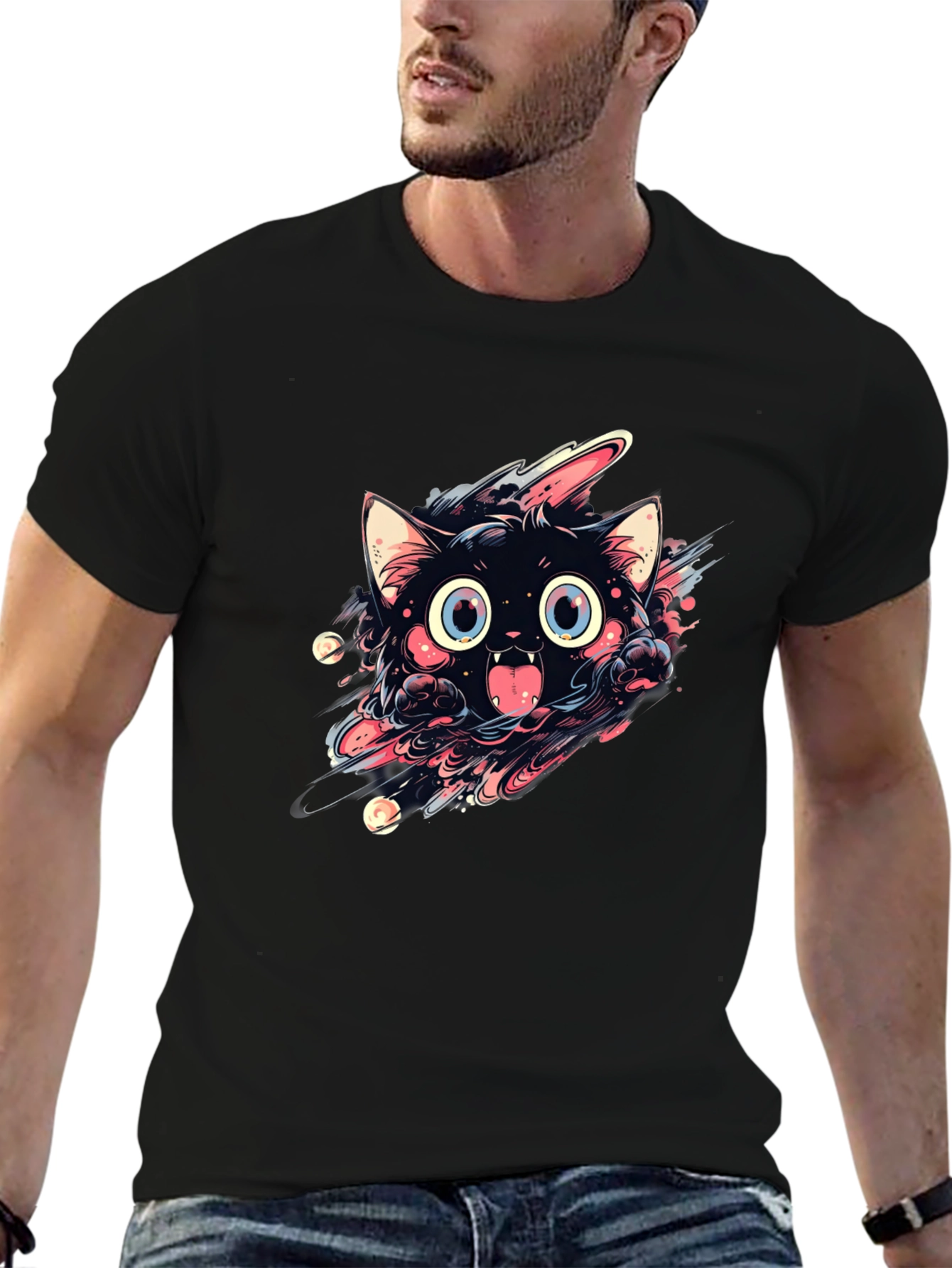 Black Cartoon Cat Graphic Black T-Shirt view 6