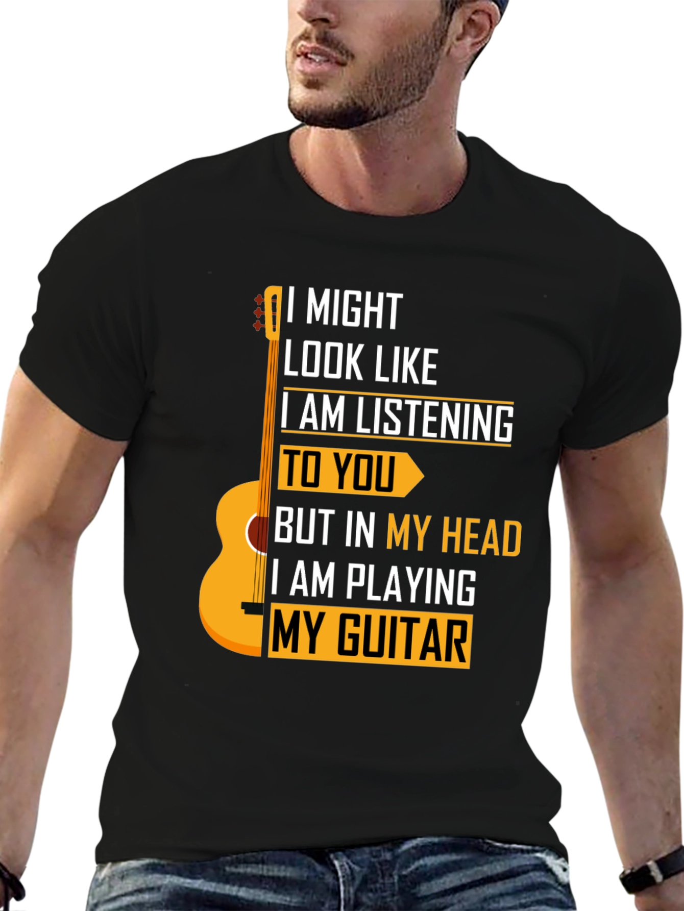 Black Guitarist T-Shirt - I Might Look Like I am Listening view 6