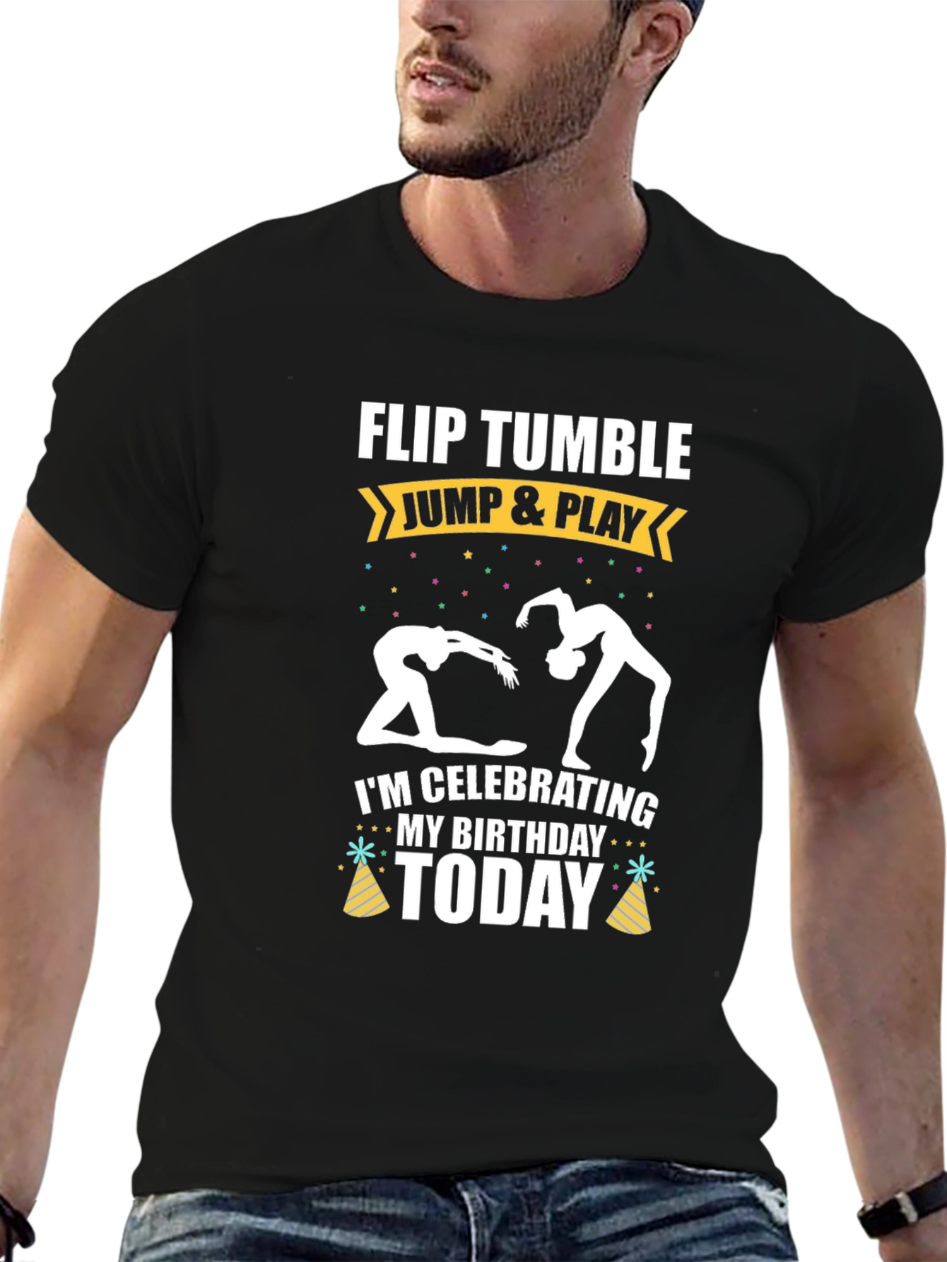 Black Gymnastics Birthday T-Shirt - Flip Tumble Jump & Play view 6