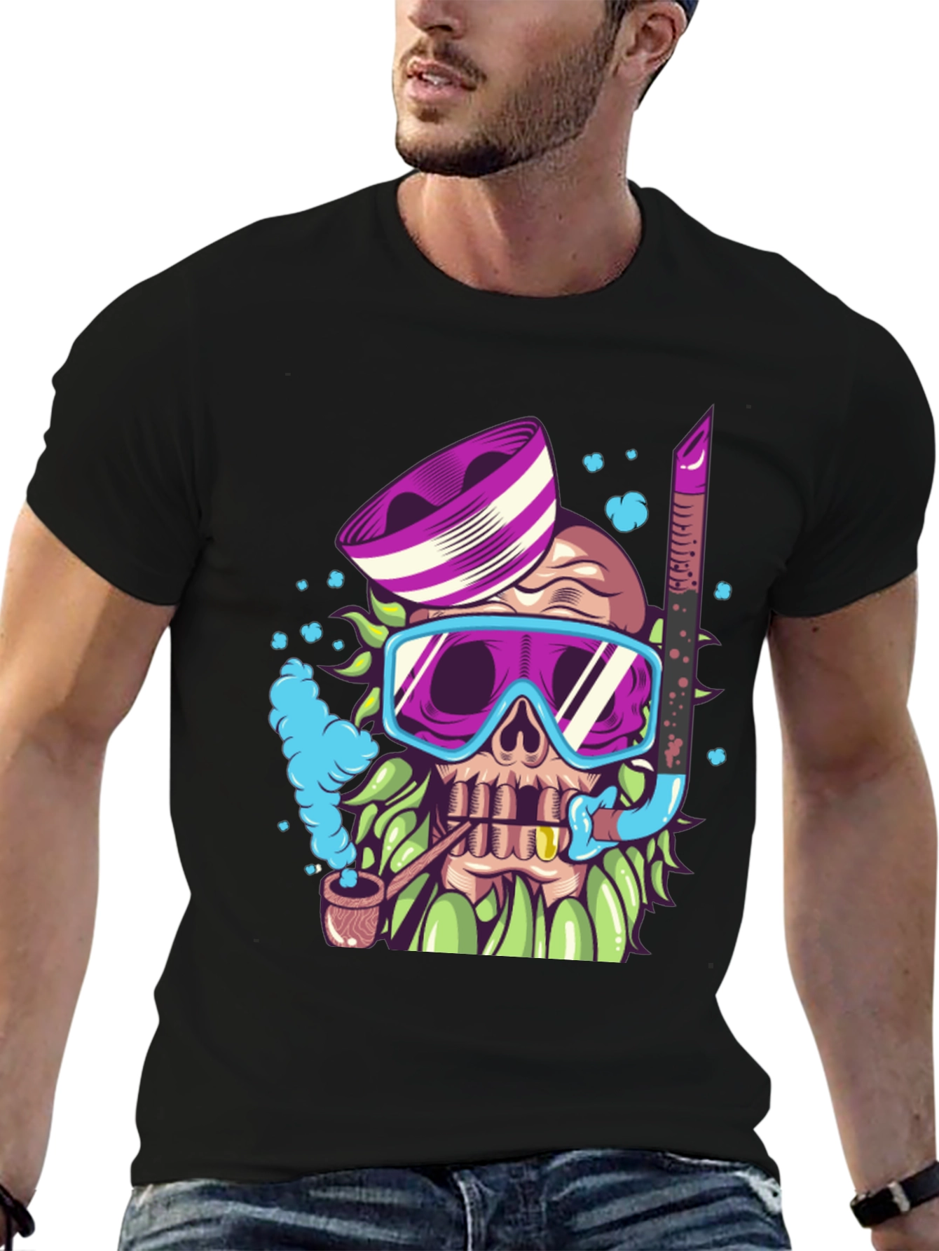 Black Diver Skull Graphic Tee - Black Cotton T-Shirt view 6
