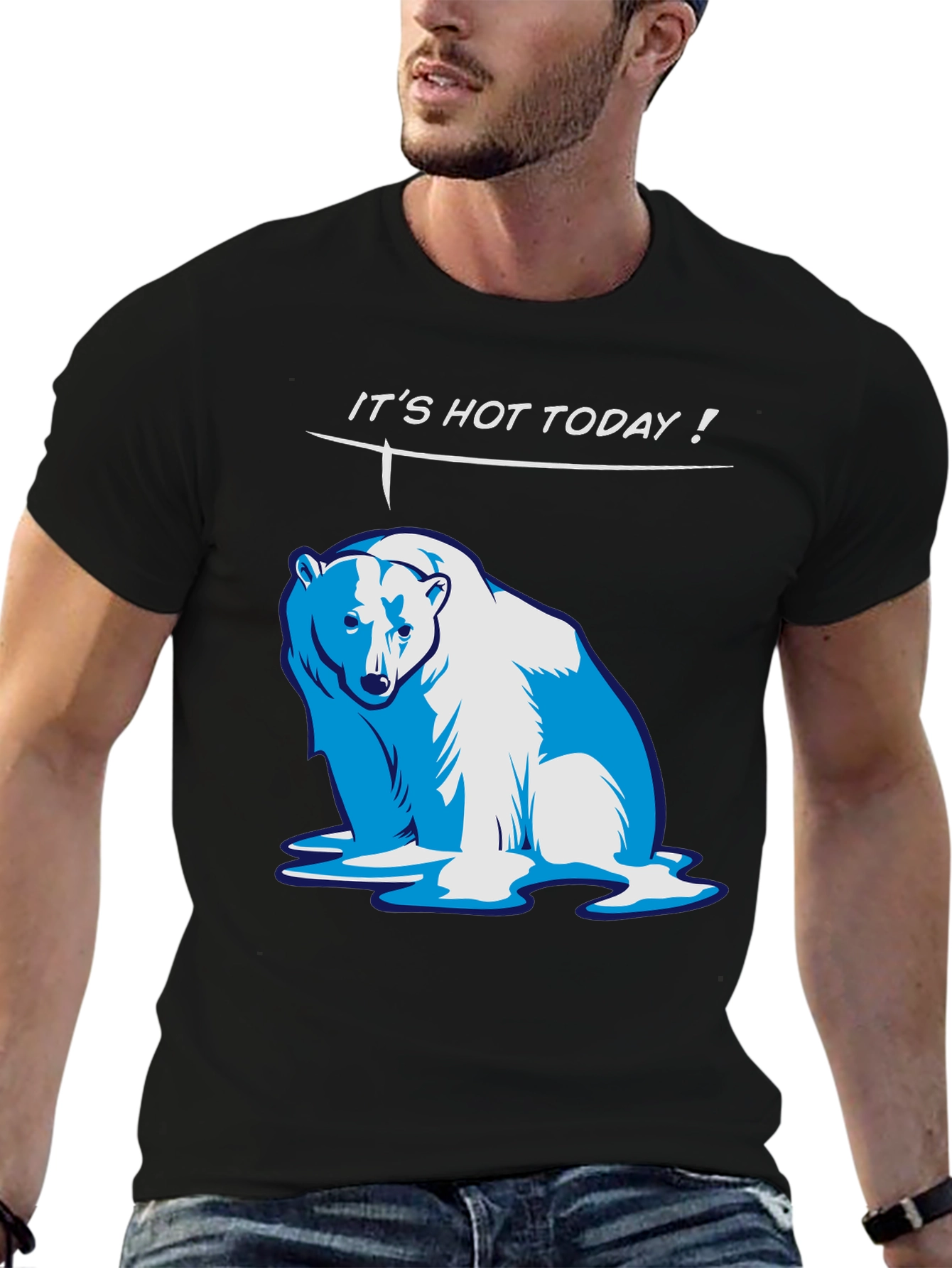 Black Funny "It's Hot Today!" Polar Bear Graphic T-Shirt view 6
