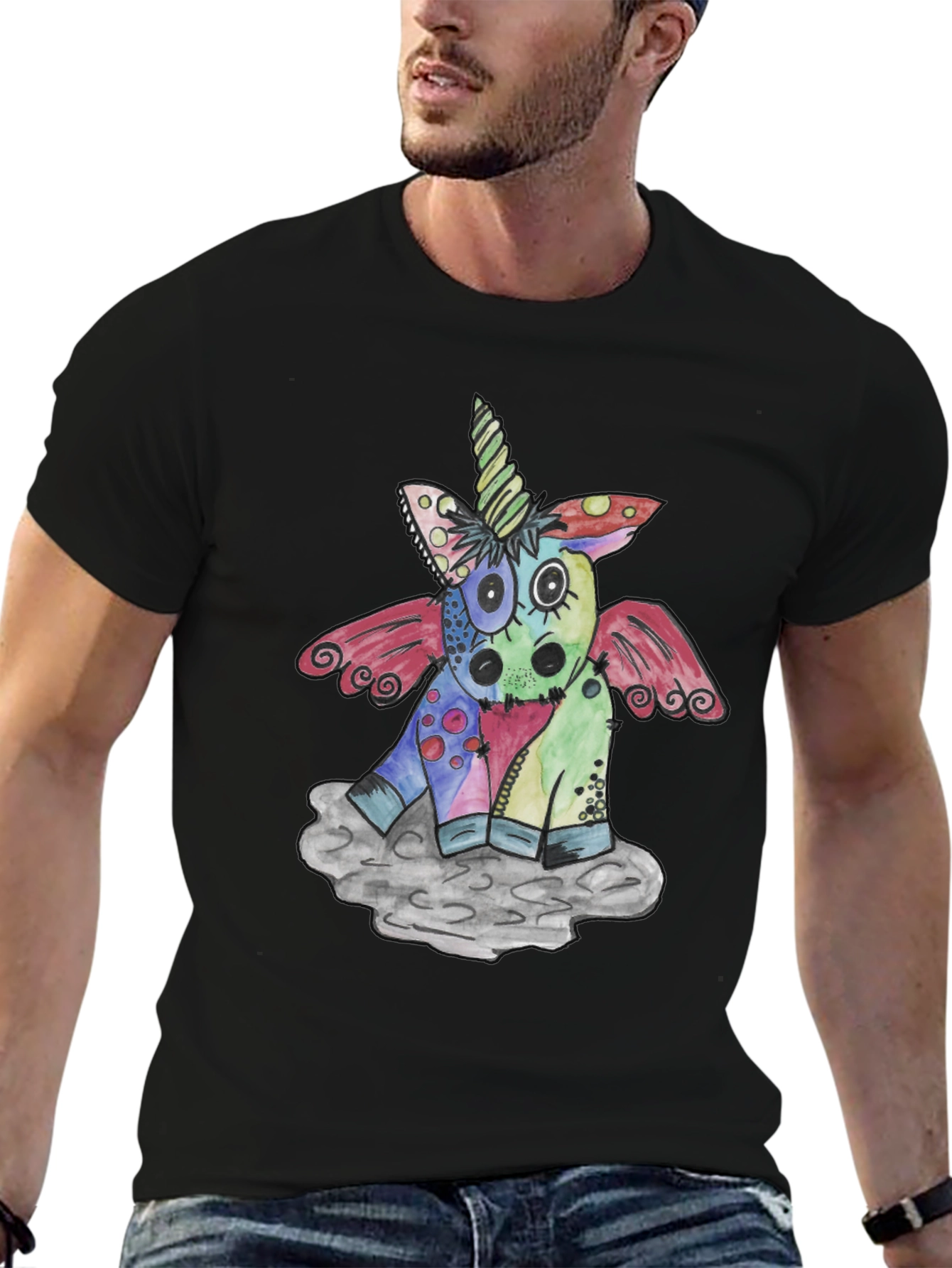 Black Whimsical Unicorn Graphic T-Shirt - Unique Design view 6