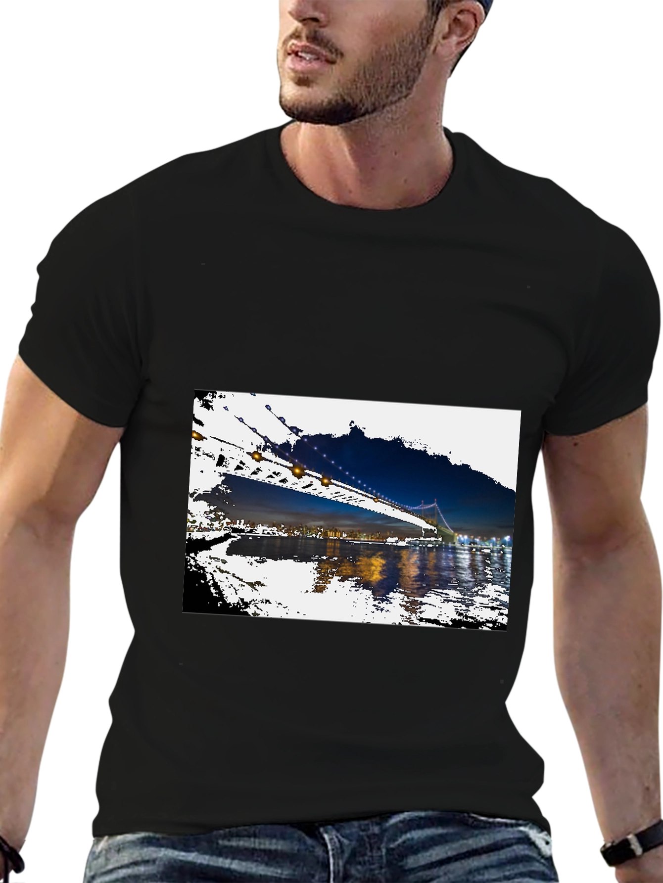 Black Night Bridge Print Black T-Shirt view 6