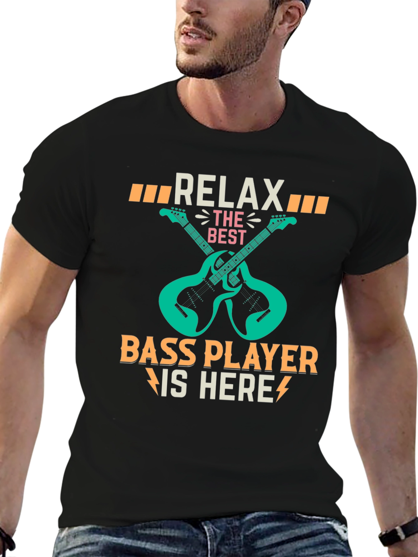 Black Relax Bass Player Here Graphic T-Shirt view 6