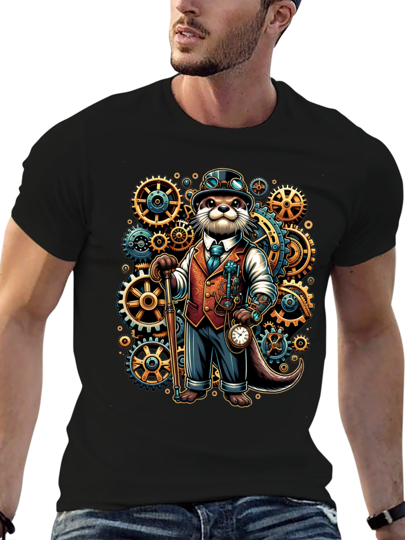 Black Steampunk Otter Graphic Tee view 6