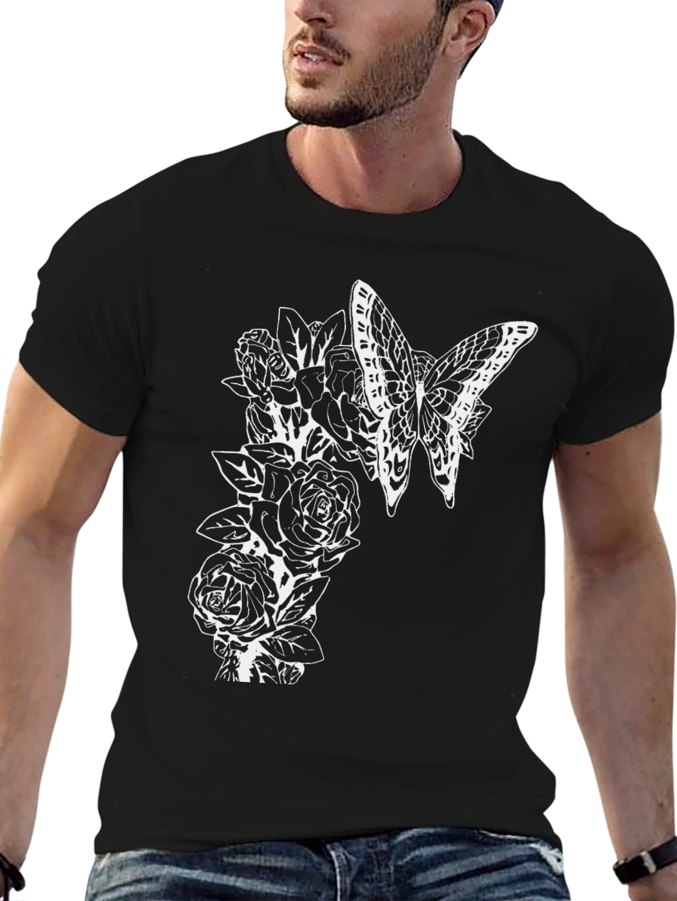 Black Butterfly and Roses Graphic T-Shirt - Men's Black Tee view 6
