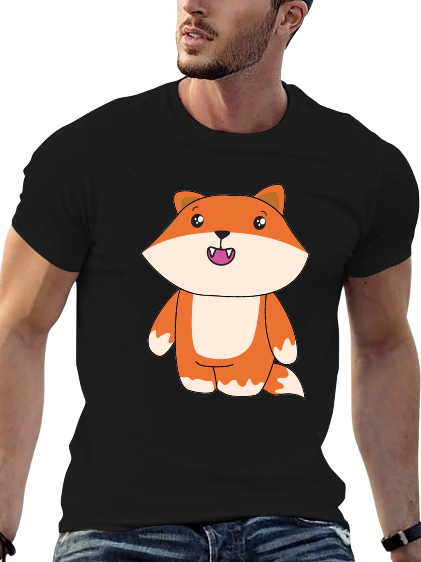 Black Cute Cartoon Fox Black T-Shirt view 6
