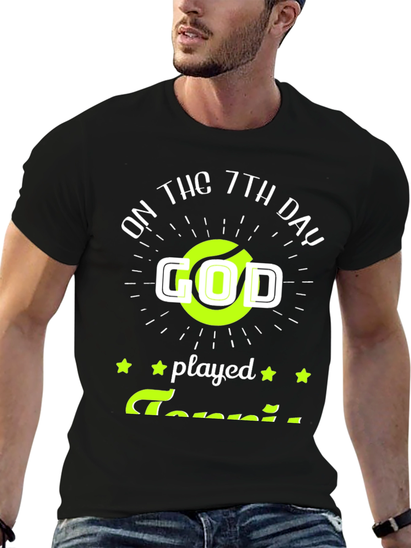 Black Funny Tennis God T-Shirt, On the 7th Day God Played Tennis Tee view 6