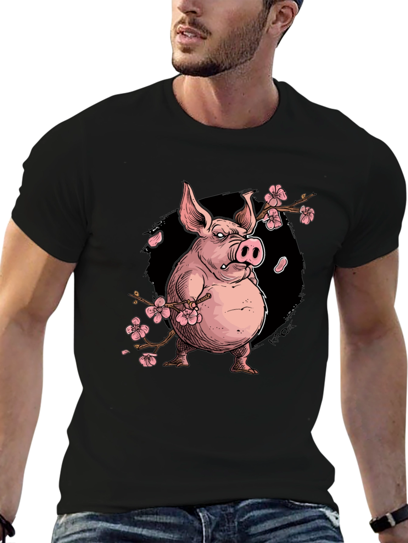 Black Pig with Cherry Blossoms Graphic T-Shirt view 6