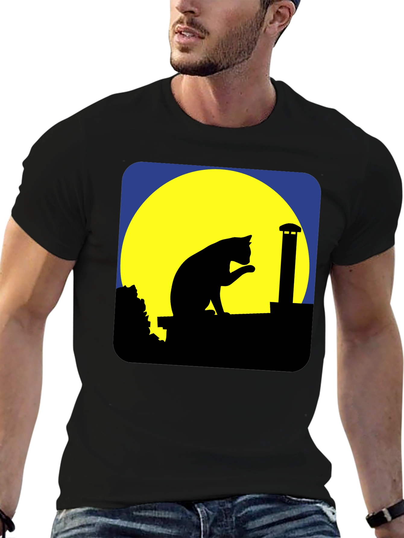Black Cat On Rooftop Silhouette Graphic Tee - Black view 6