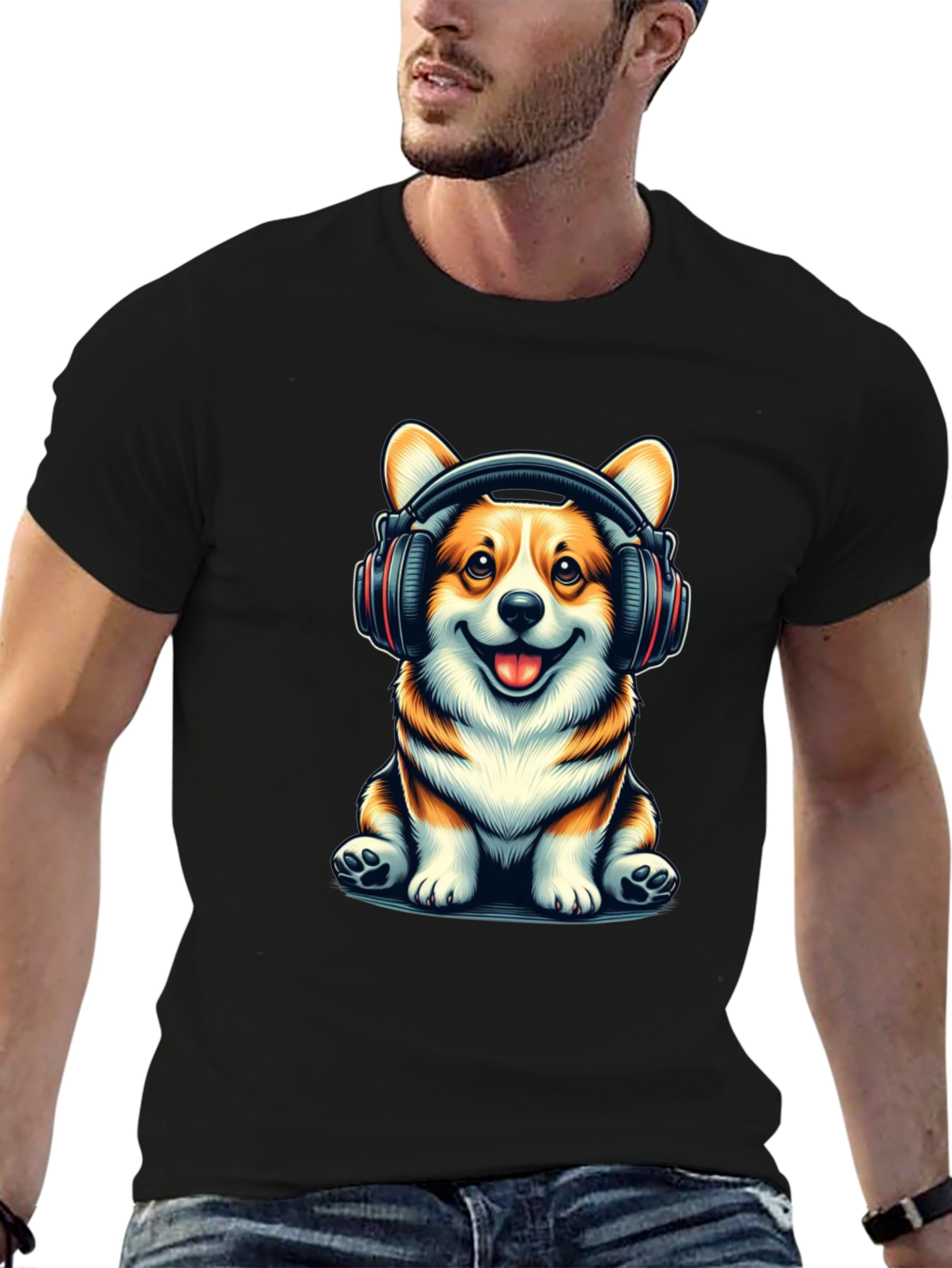 Black Corgi Headphones Graphic T-Shirt view 6