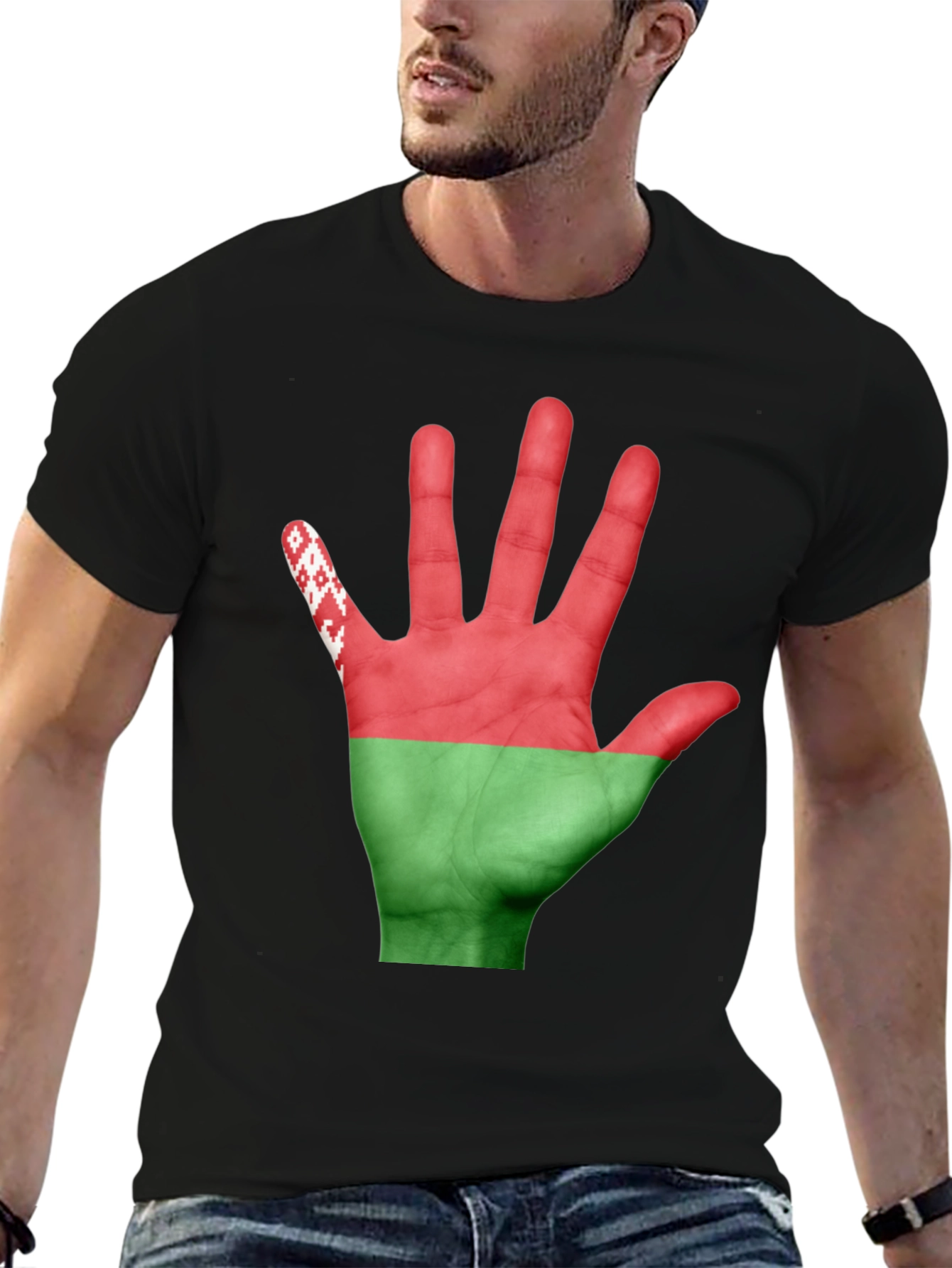 Black Belarus Flag Hand Print Black T-Shirt view 6