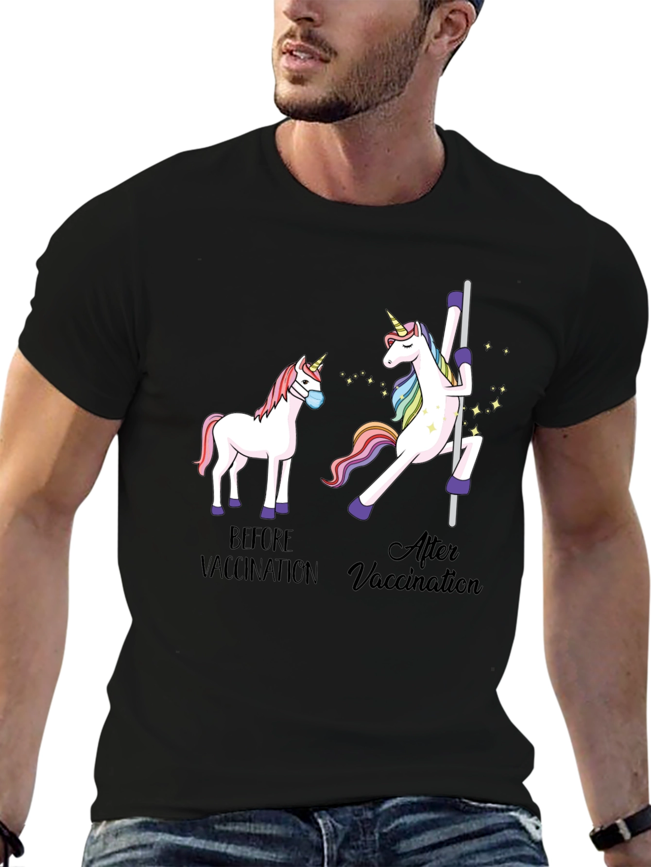 Black Vaccinated Unicorn Graphic Tee - Funny Health T-Shirt view 6