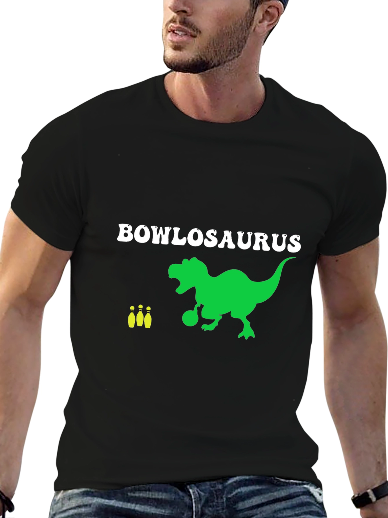 Black Bowlosaurus T-Shirt - Dinosaur Bowling Tee view 6