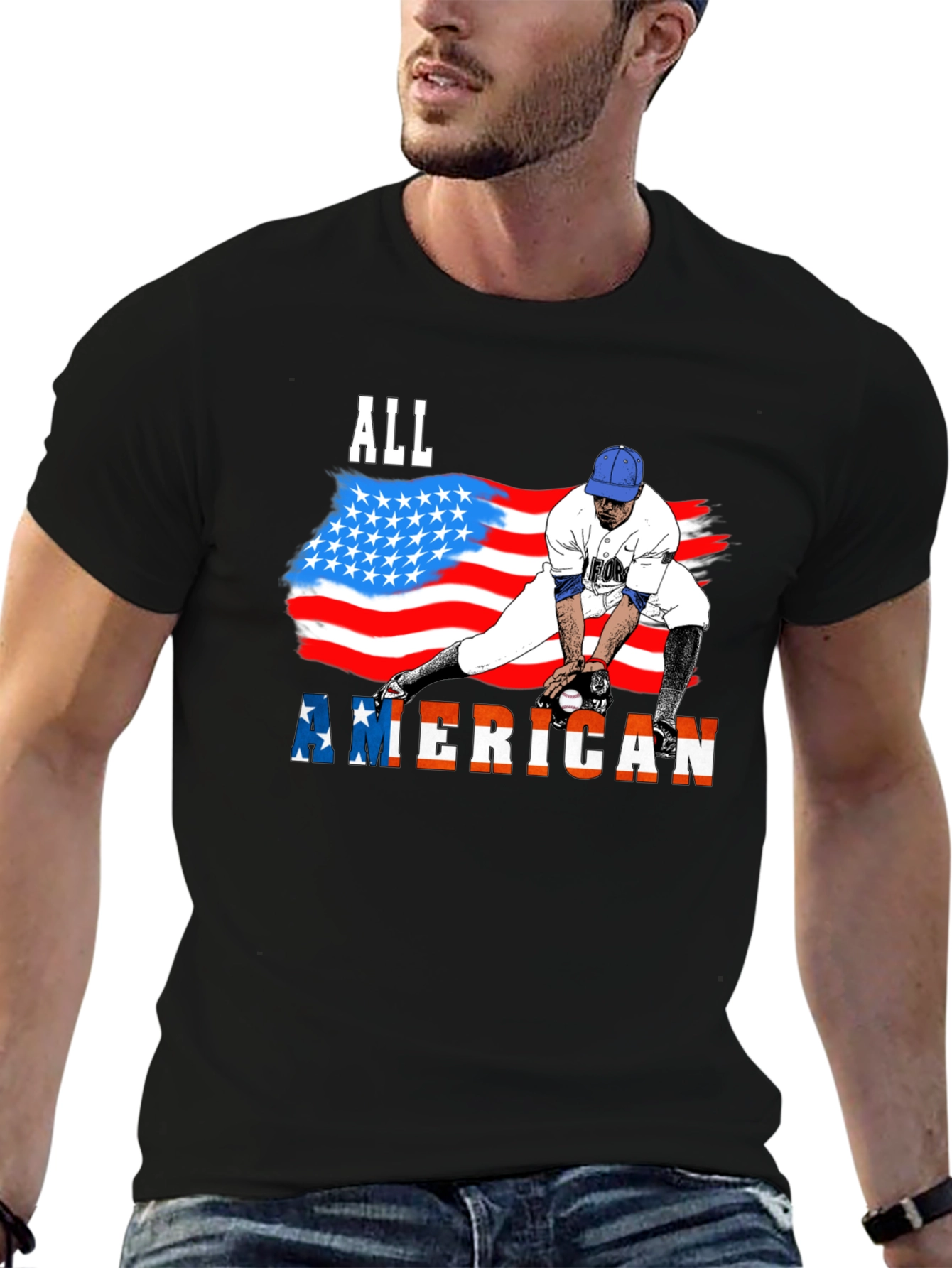 Black All American Baseball T-Shirt - Patriotic USA Flag Design view 6