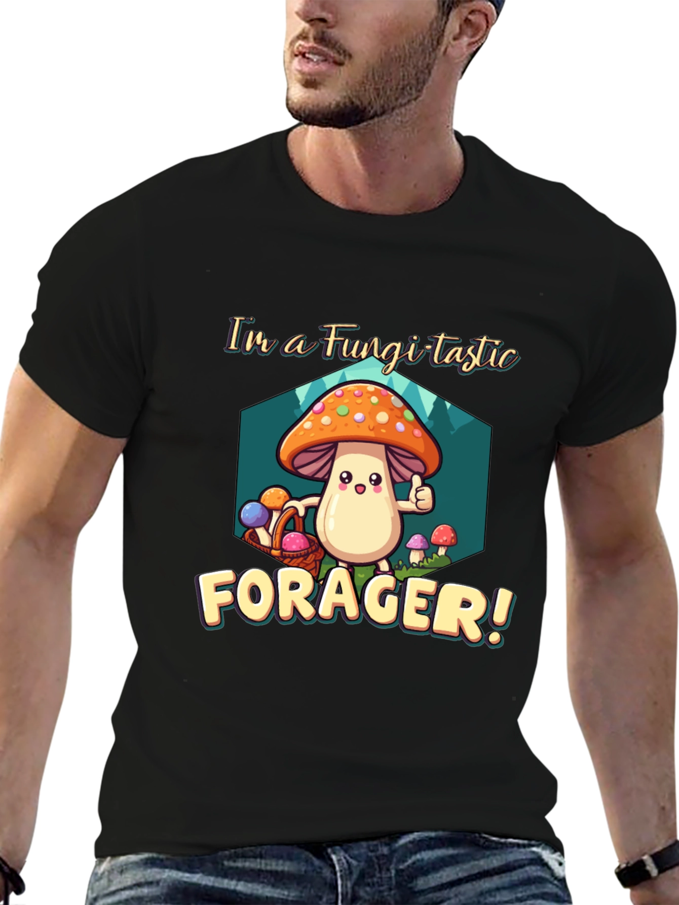 Black Fungi-tastic Forager T-Shirt - Fun Mushroom Design view 6