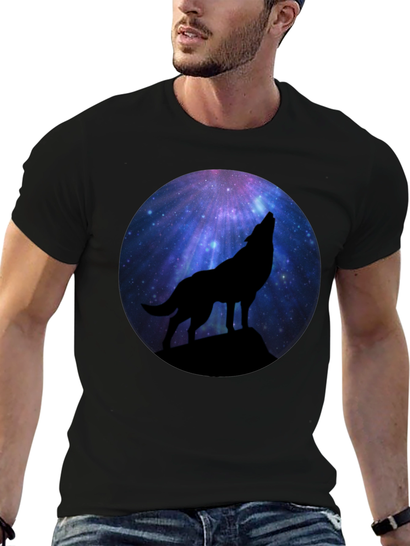Black Wolf Howling at Galaxy Moon Men's Black T-Shirt view 6