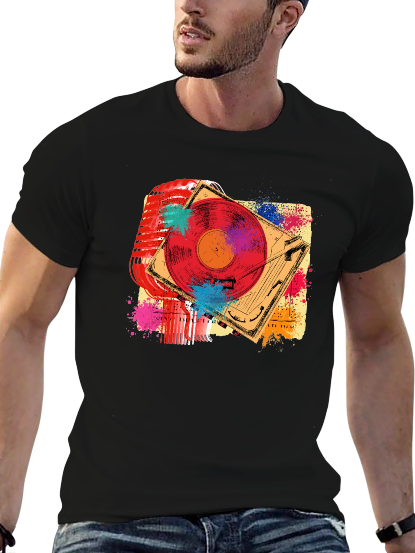 Black Retro Music T-Shirt - Microphone & Turntable Design view 6
