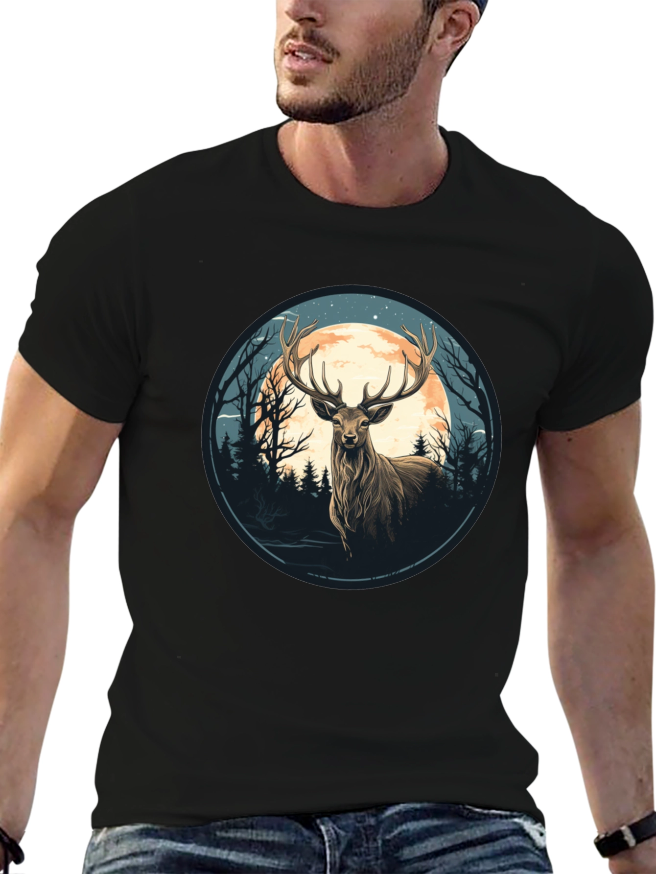 Black Deer Moon Graphic Tee - Nature Inspired Black T-Shirt view 6