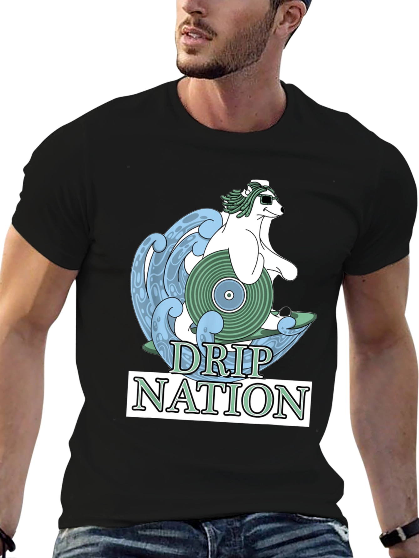 Black Drip Nation Polar Bear Surfing T-Shirt view 6