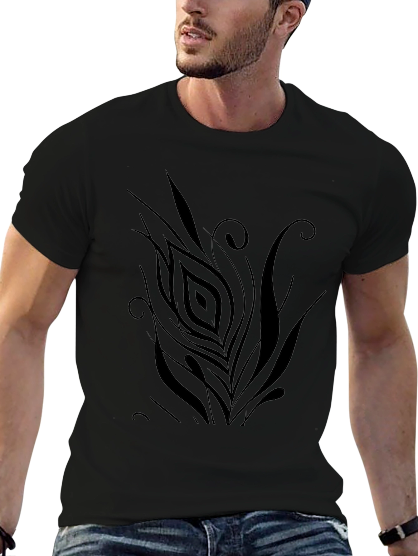 Black Men's Black T-Shirt with Abstract Feather Design view 6