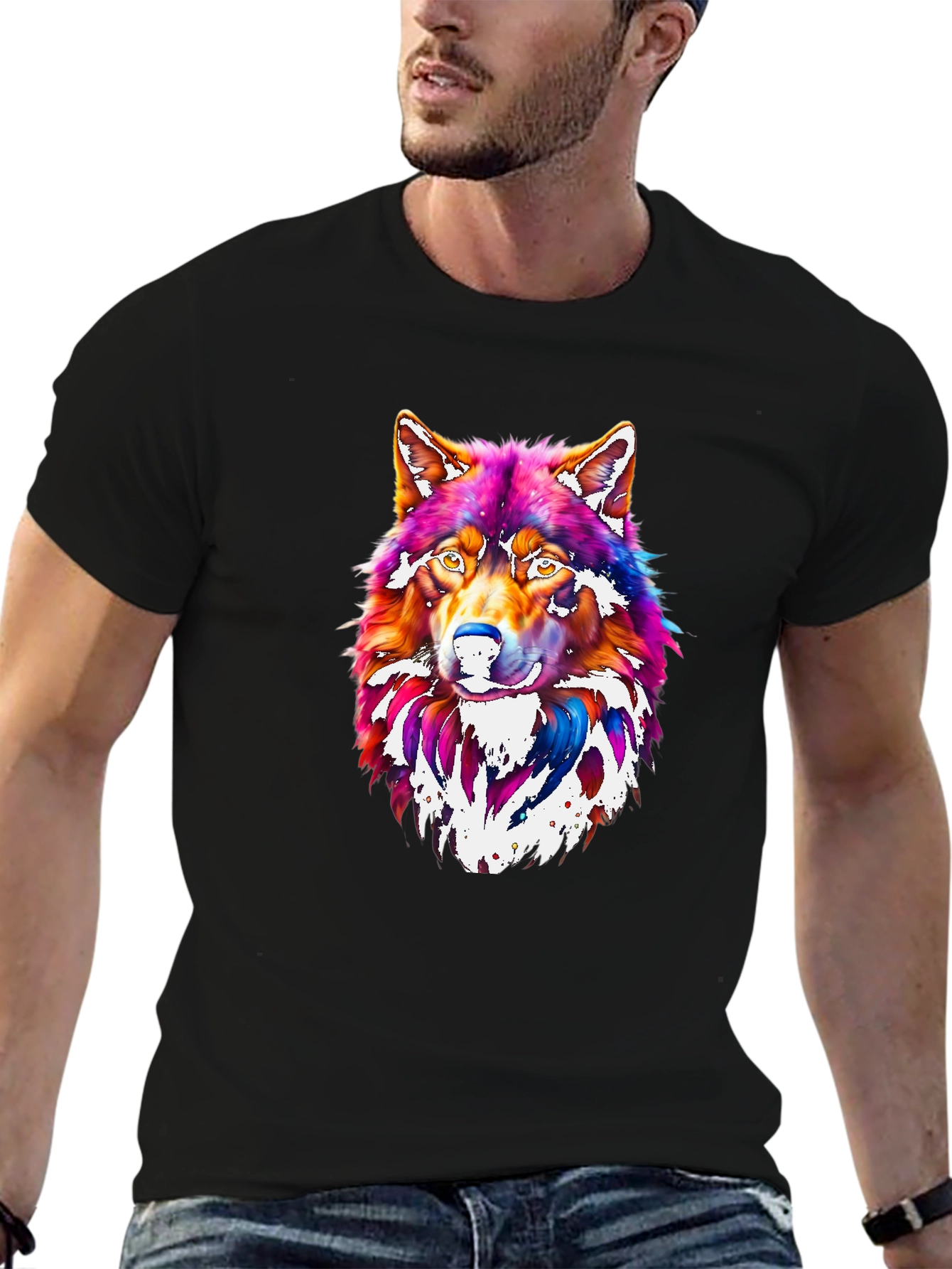 Black Vibrant Wolf Graphic Tee - Men's Black T-Shirt view 6