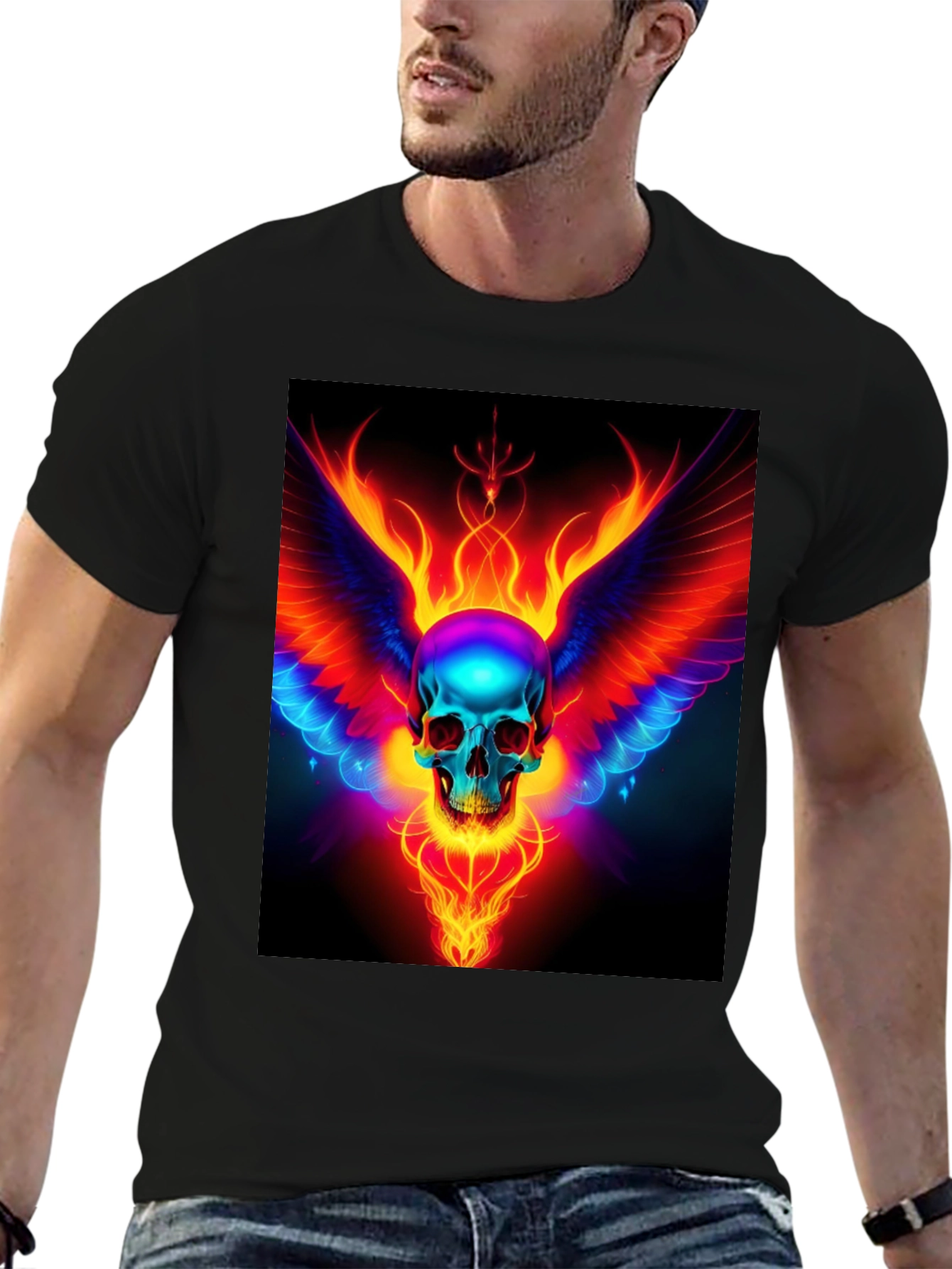Black Flaming Skull Wings Graphic Black T-Shirt view 6