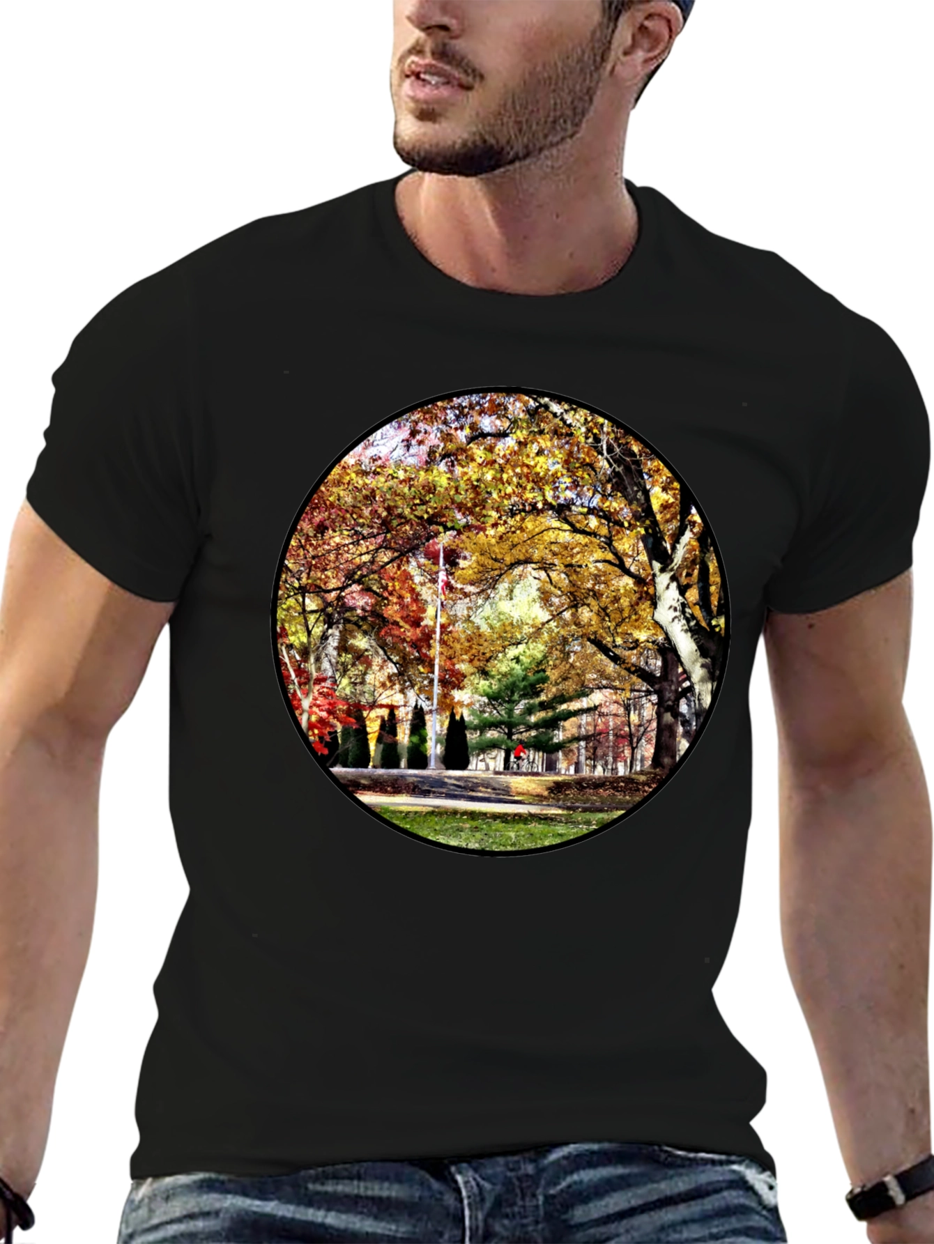 Black Autumn Park Scene Black T-Shirt view 6