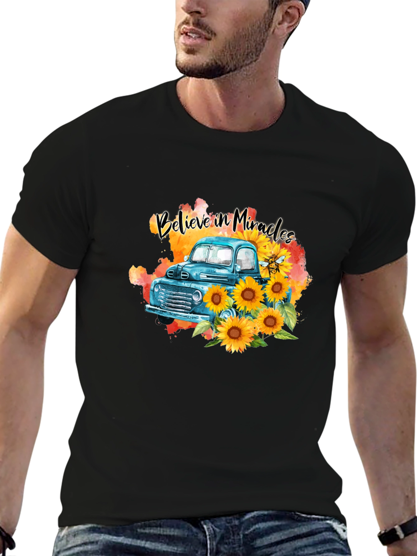 Black Believe in Miracles Sunflower Truck T-Shirt view 6